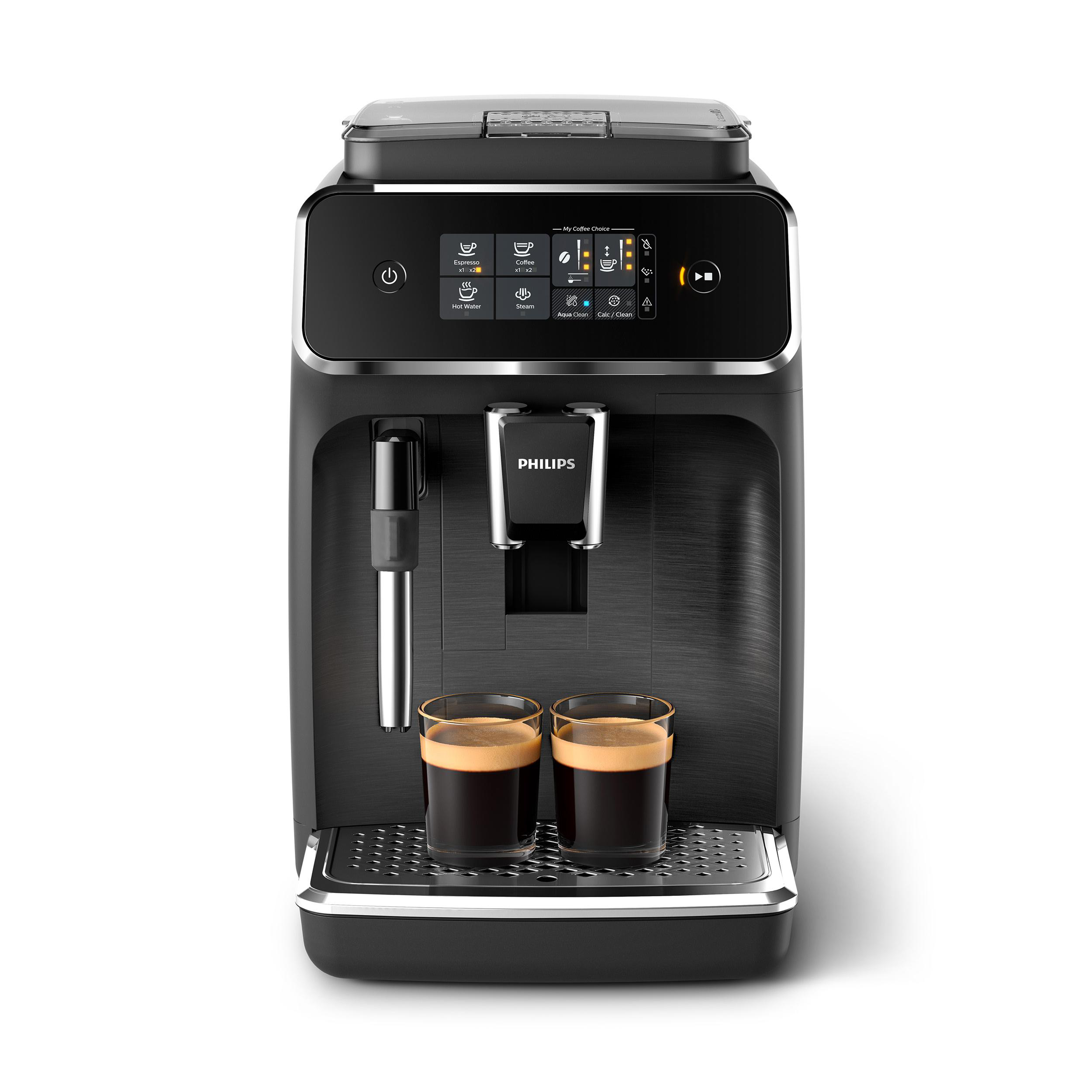 Schwarze Espressomaschine mit zwei Kaffeegläsern auf dem Tablett.