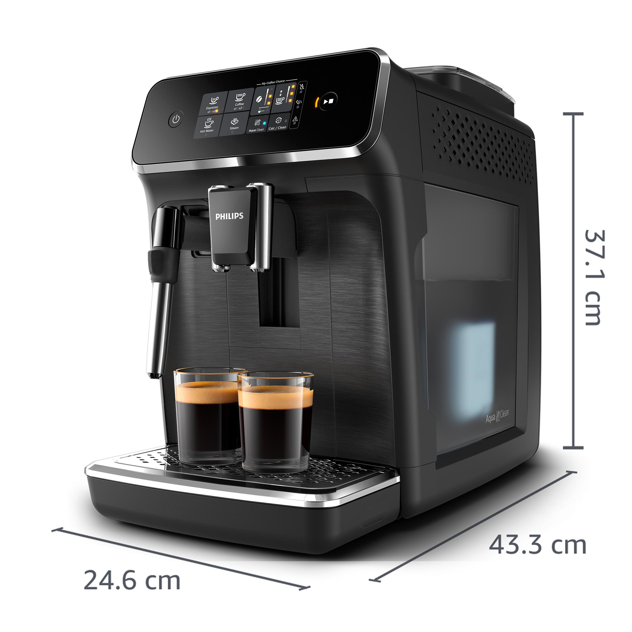 Schwarze Philips Espressomaschine mit zwei Kaffeegläsern. Die Maschine hat ein digitales Display.