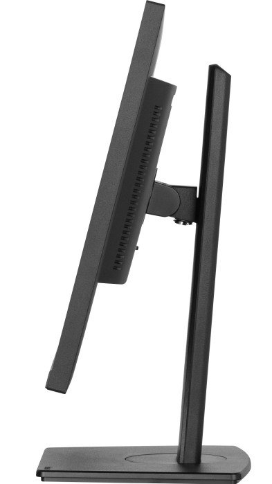 Widok z boku czarnego monitora komputera ze stojakiem. Ekran jest ciemny.