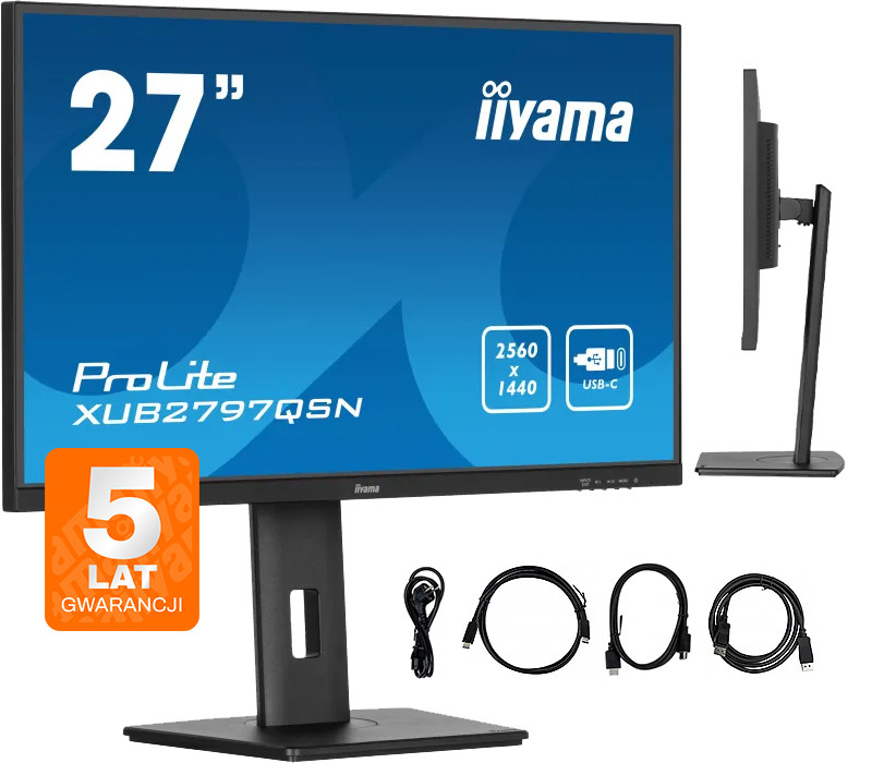 Czarny monitor z podstawą i kablami. Białe tło. 27" i tekst.