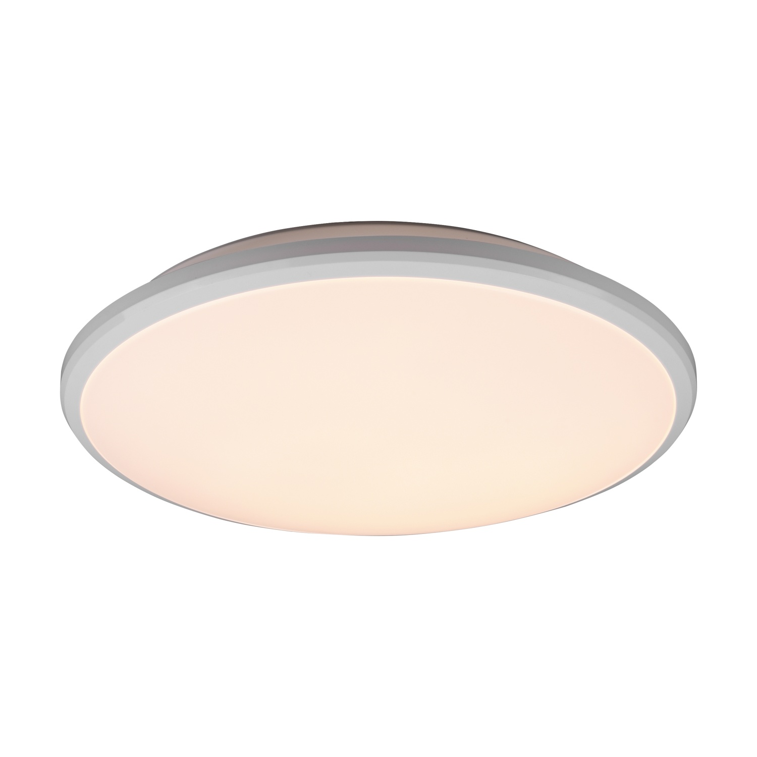 Una luce da soffitto bianca e rotonda con bordo argentato, che emette una luce soffusa su sfondo bianco.