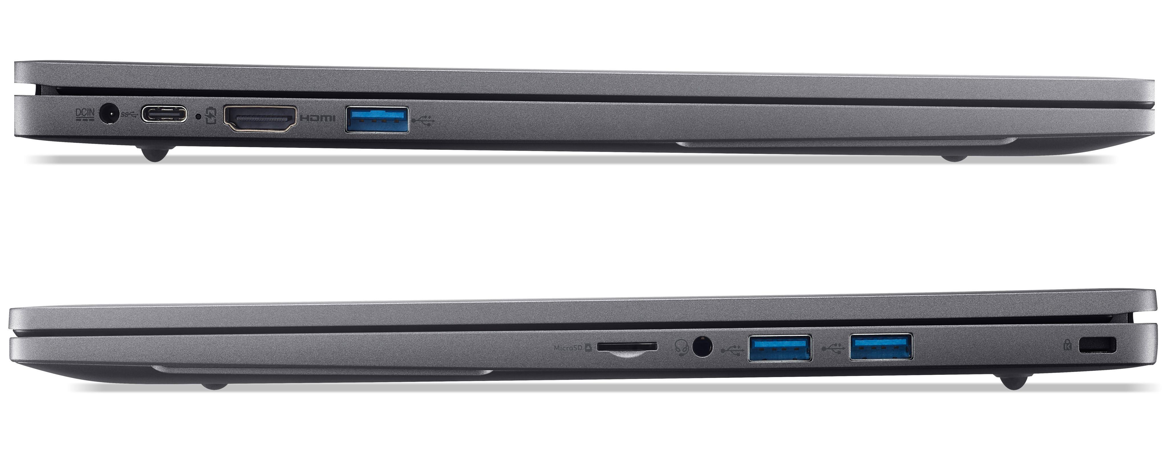 Zwei graue Laptops nebeneinander, die Anschlüsse zeigen. Sauberer weißer Hintergrund, gut beleuchtet.