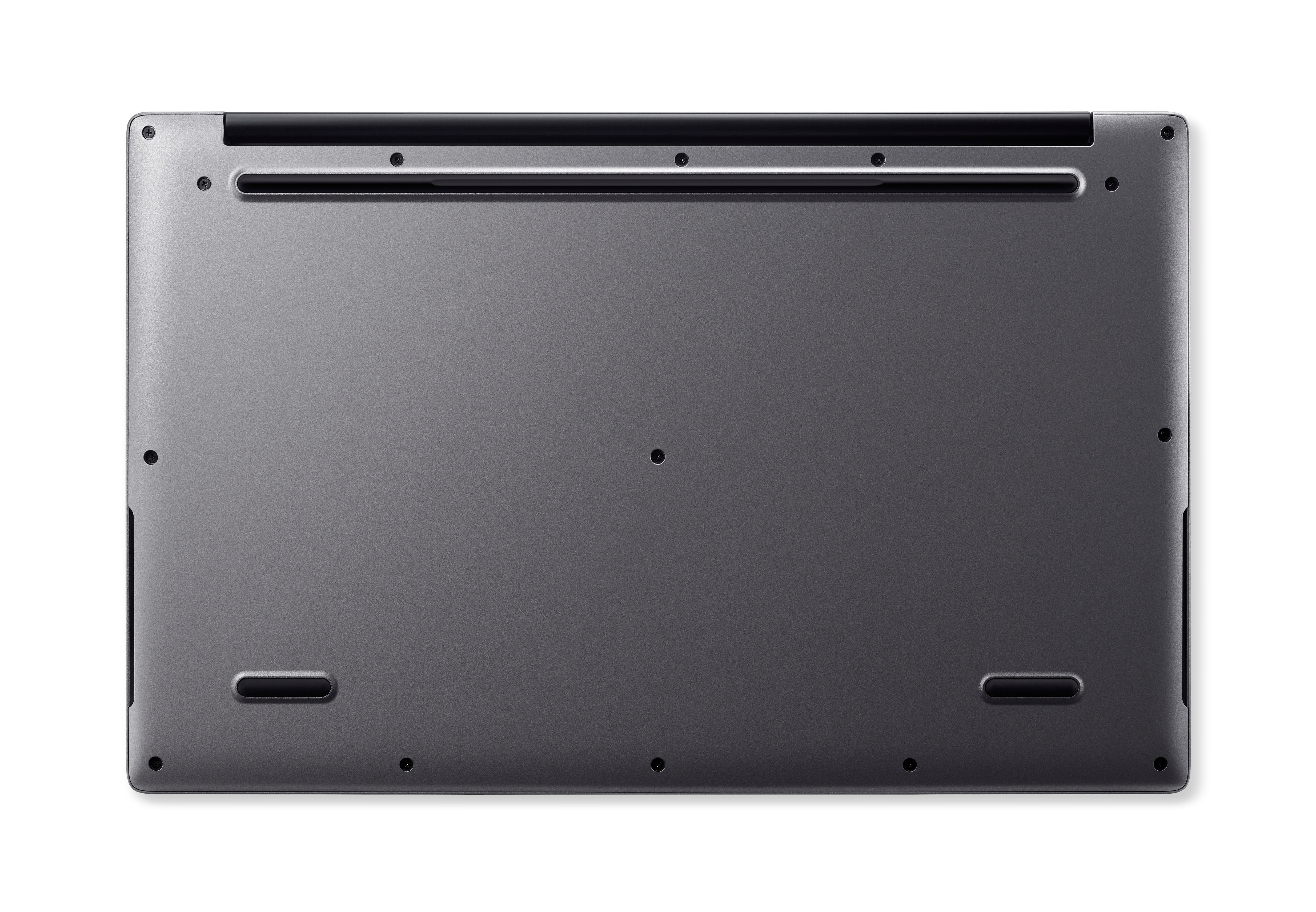 Die Unterseite eines Laptops. Es ist grau mit Lüftungsschlitzen und Schrauben.