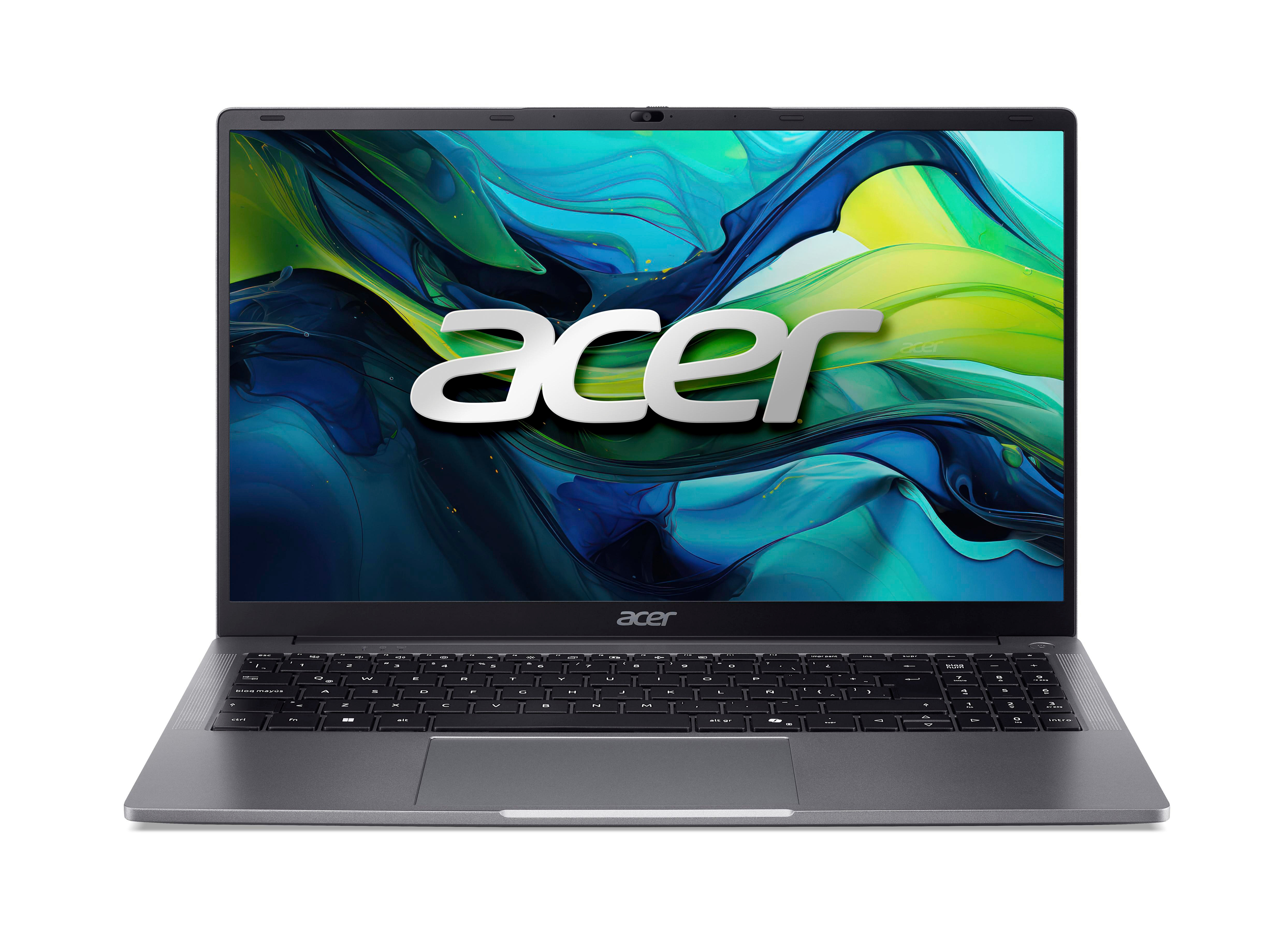 Acer Laptop auf Weiß, zeigt einen farbenfrohen Bildschirm mit Acer-Logo.