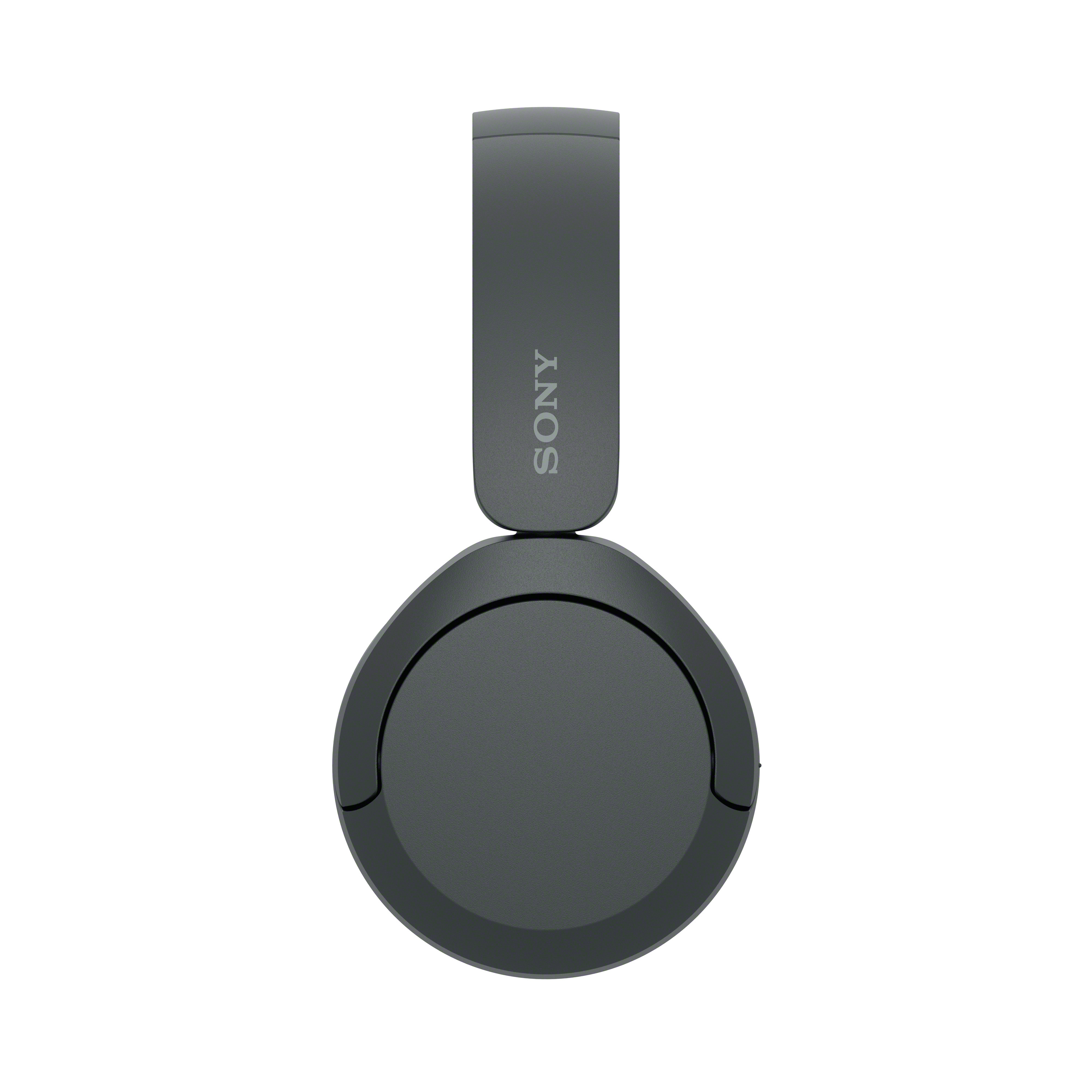 Graue Sony Kopfhörer. Draufsicht. Sony Logo auf dem oberen Band. Einfaches Design, weißer Hintergrund.