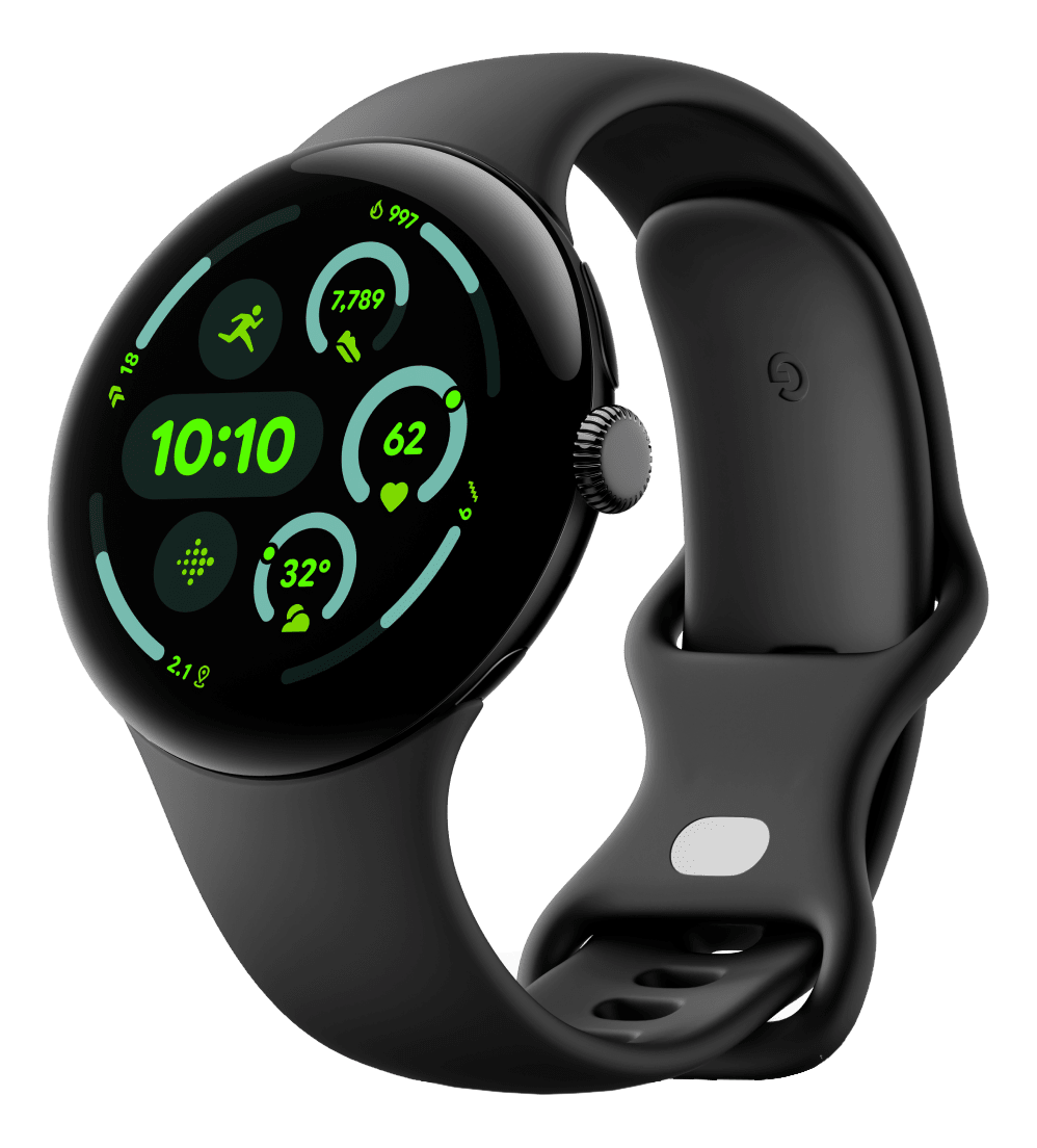 Eine schwarze Pixel Watch mit schwarzem Armband. Der Bildschirm zeigt Fitnesswerte.