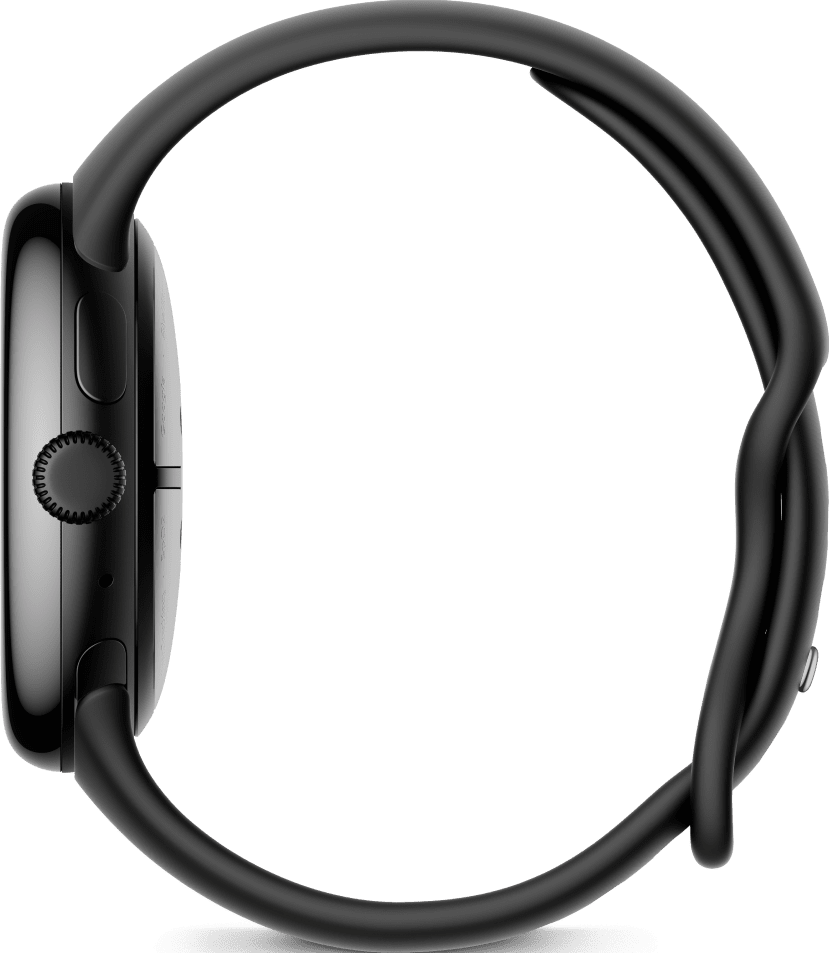 Eine schwarze Smartwatch mit rundem Zifferblatt und schwarzem Armband, von der Seite gesehen.