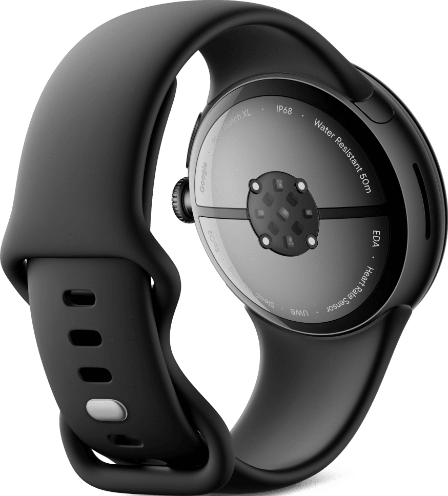 Schwarze Pixel Watch XL, Rückansicht, auf schwarzer Oberfläche. Es zeigt Herzfrequenz und Sensoren.