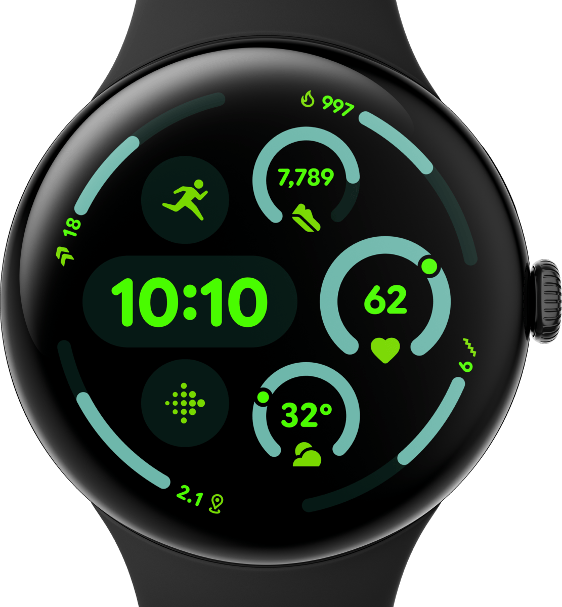 Schwarze Smartwatch zeigt Zeit, Statistiken und Aktivitätssymbole.