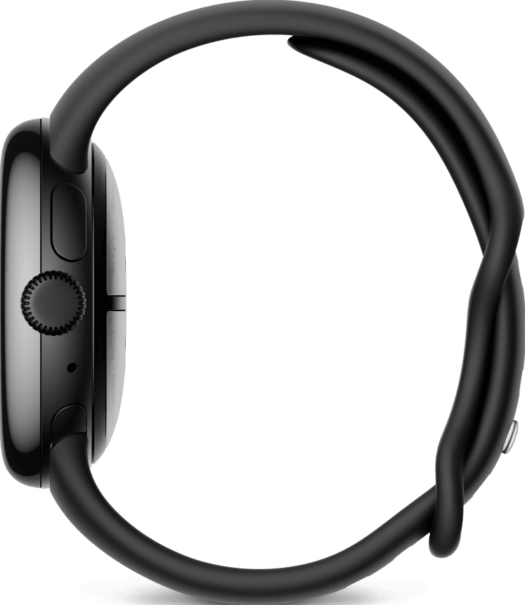 Apple Watch noire avec bracelet noir. La montre est sur fond noir.