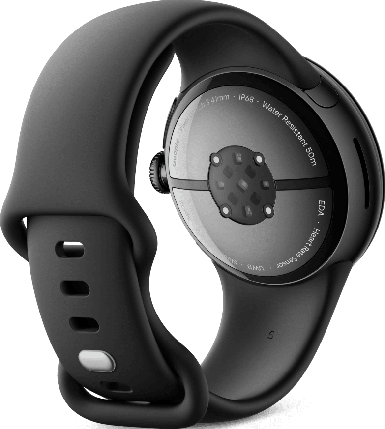 Montre connectée noire avec le dos visible. Affiche le capteur de fréquence cardiaque, la résistance à l'eau et UWB.