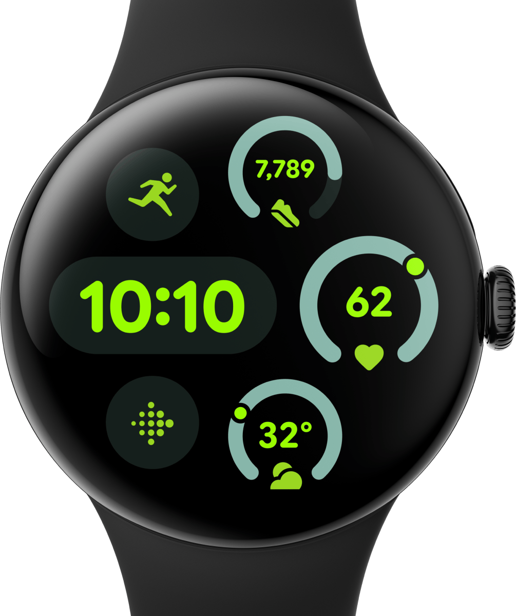 Smartwatch affichant des mesures d'activité. Cadran noir avec affichage de données vertes et blanches.