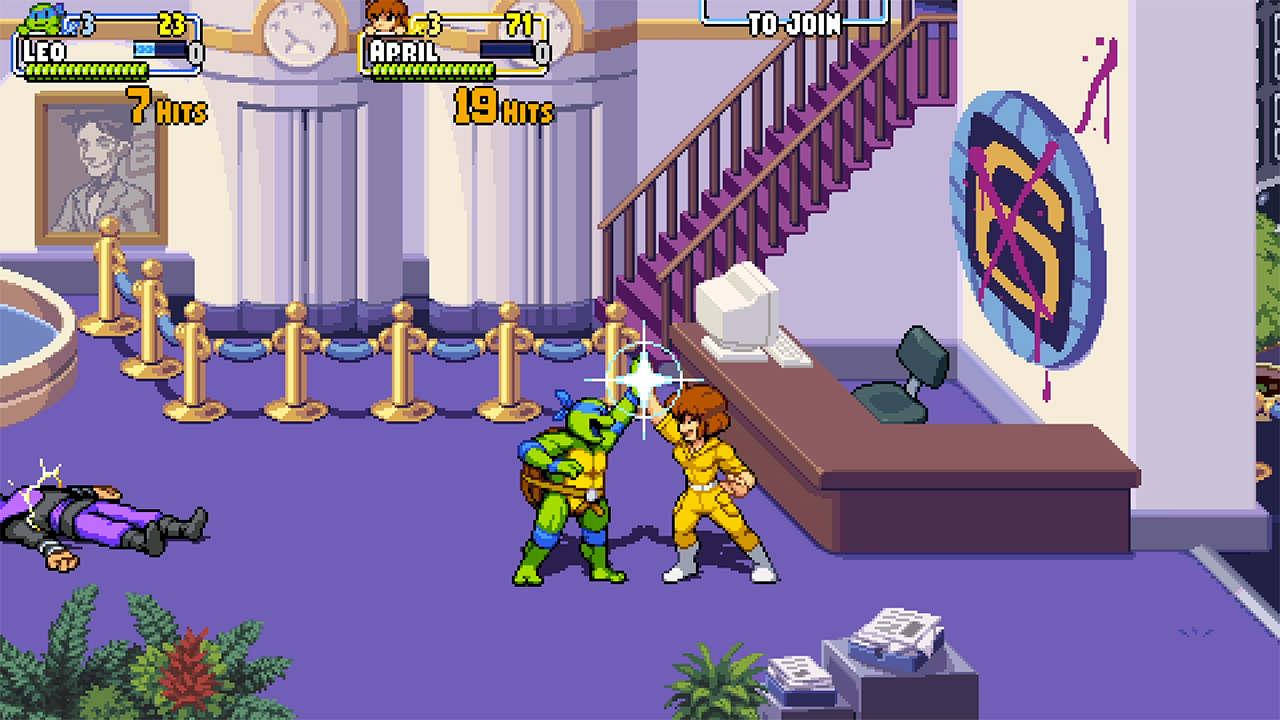 Eine verpixelte Videospielszene mit zwei Charakteren, die in einem Gebäude mit Theke und Treppe kämpfen.