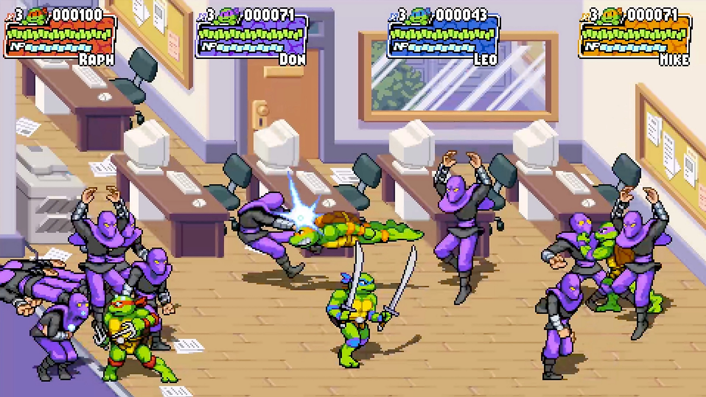 Teenage Mutant Ninja Turtles kämpfen in einem Büro.