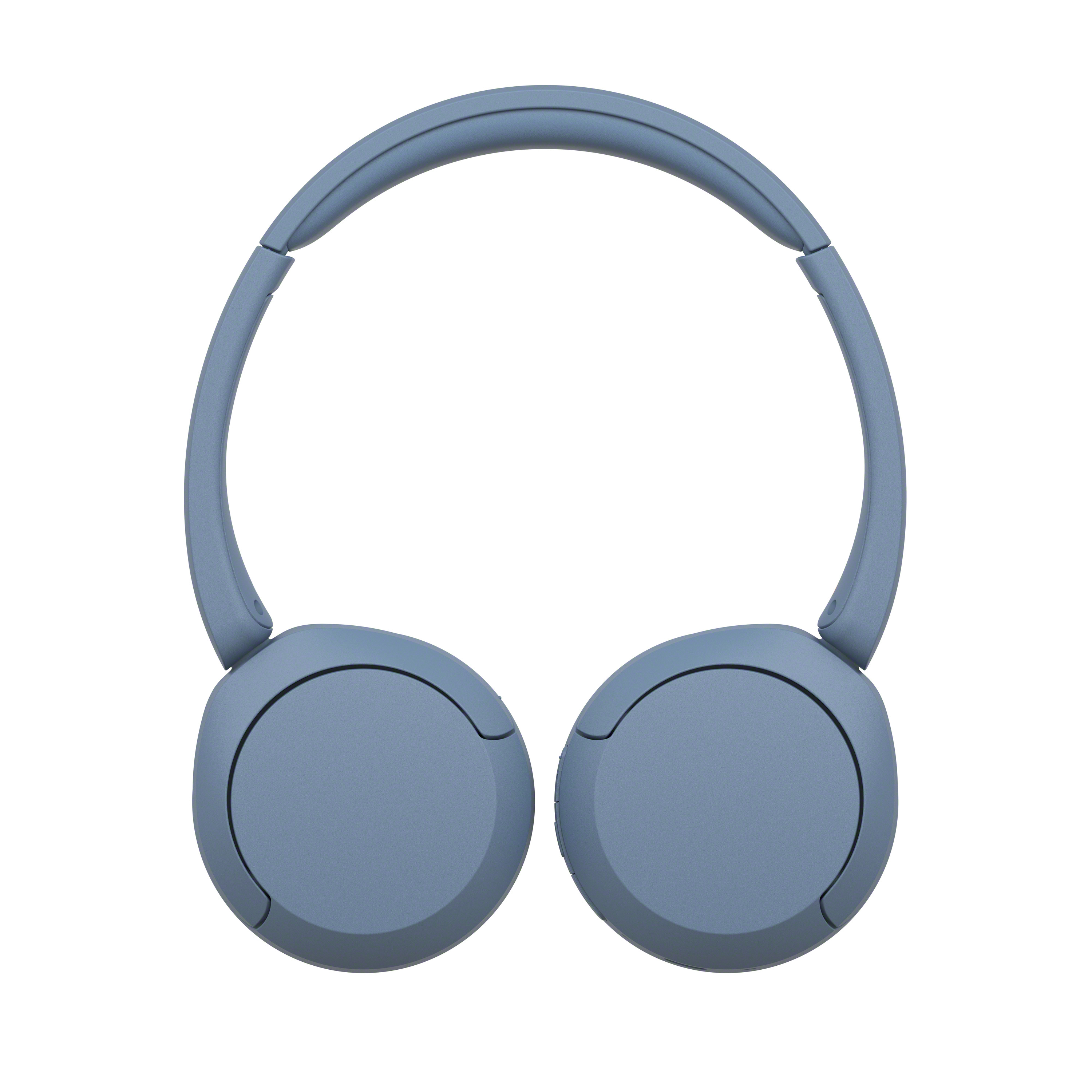 Hellblaue Over-Ear-Kopfhörer, symmetrisches Design, auf weißem Hintergrund.