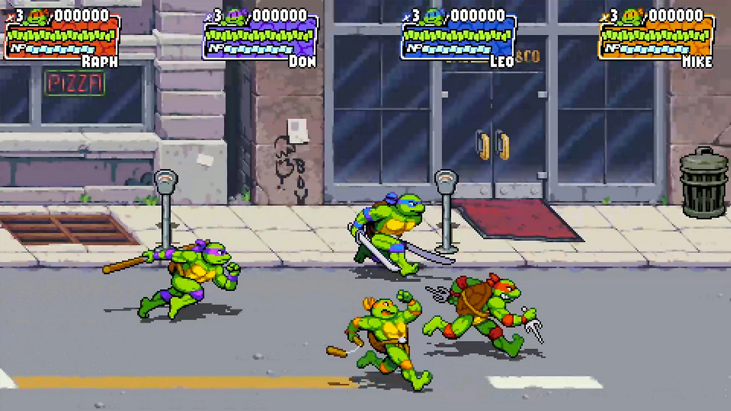 Eine pixelige Spielszene der Teenage Mutant Ninja Turtles, die auf einer Straße kämpfen.