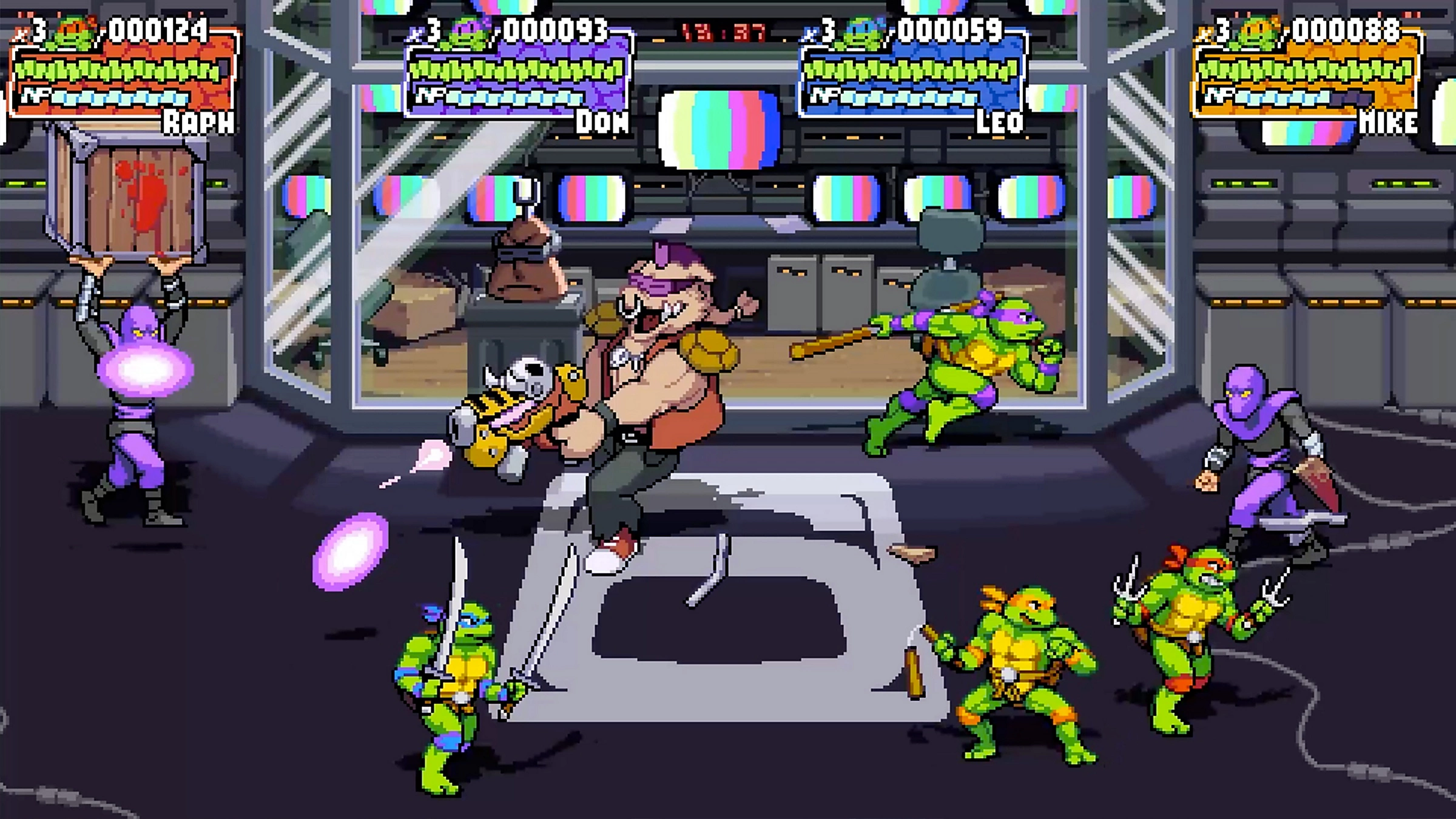 Verpixeltes Bild eines Teenage Mutant Ninja Turtles-Videospiels. Charaktere in Aktion.