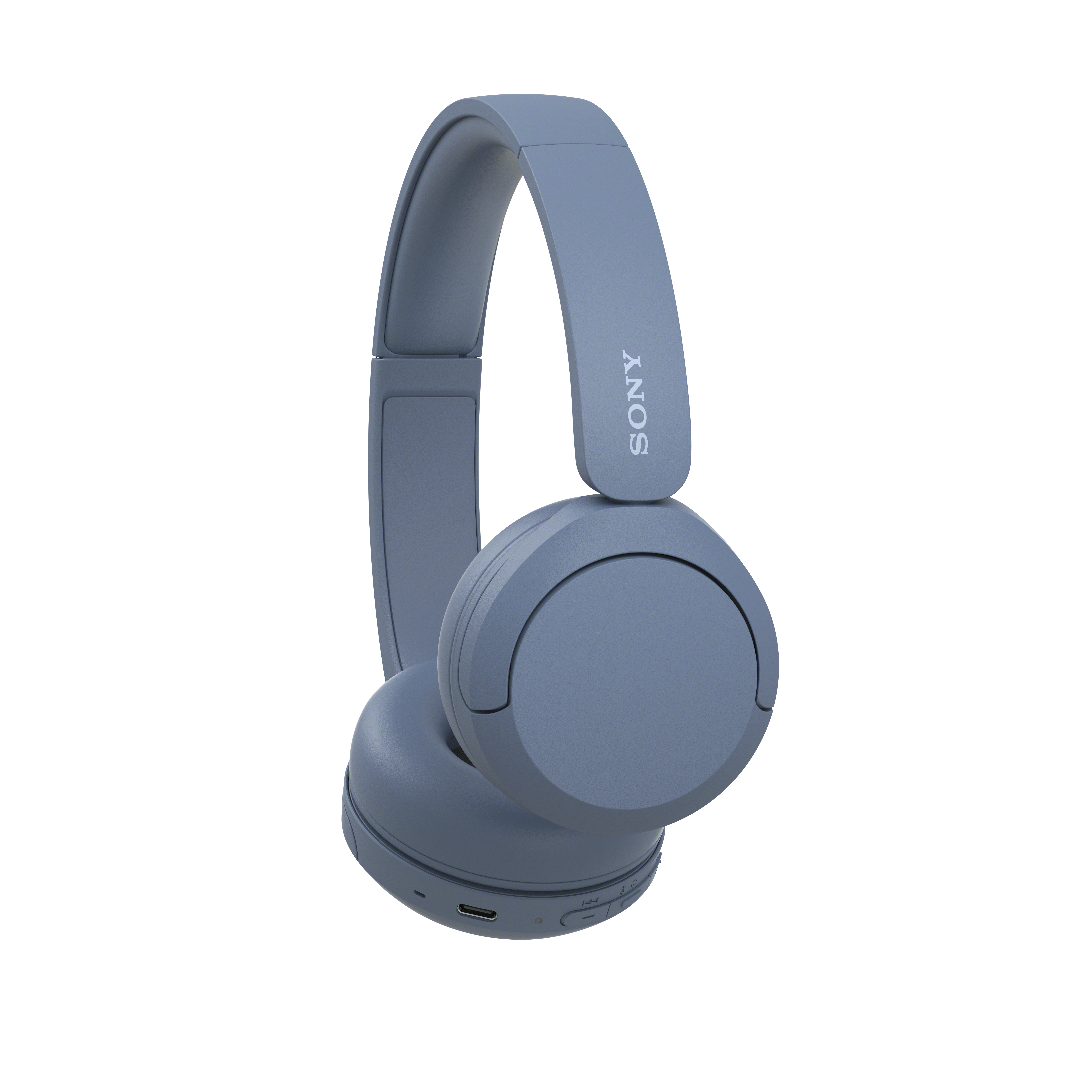 Blaue Sony-Kopfhörer auf weißem Hintergrund. Die Kopfhörer sind Over-Ear-Stil mit Bügel und Ohrmuscheln. Sony-Logo sichtbar.