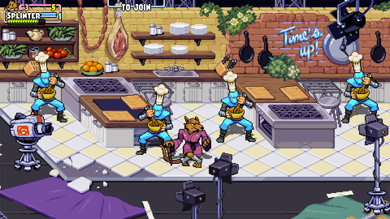 Pixel-Art-Szene einer Küche mit Köchen, einer Ratte und einem Schild mit der Aufschrift 'Time's up!'.