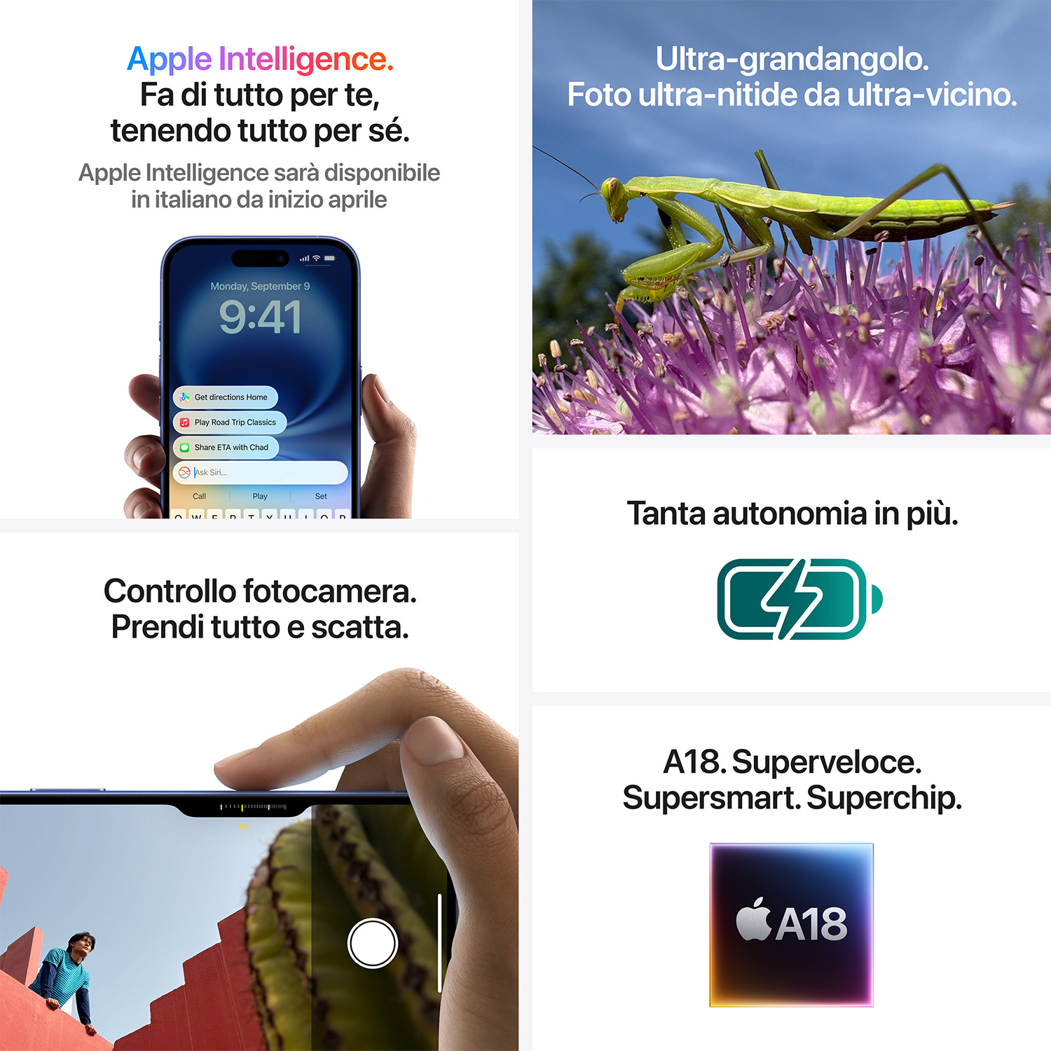 Immagini multiple con iPhone, mantide religiosa e informazioni Apple Intelligence.