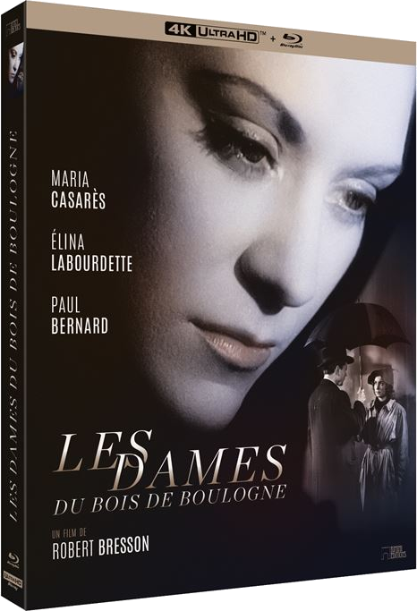 Un boîtier de film pour 'Les Dames du Bois de Boulogne' avec le visage d'une femme, un couple et du texte. Il s'agit d'un Blu-ray 4K Ultra HD.