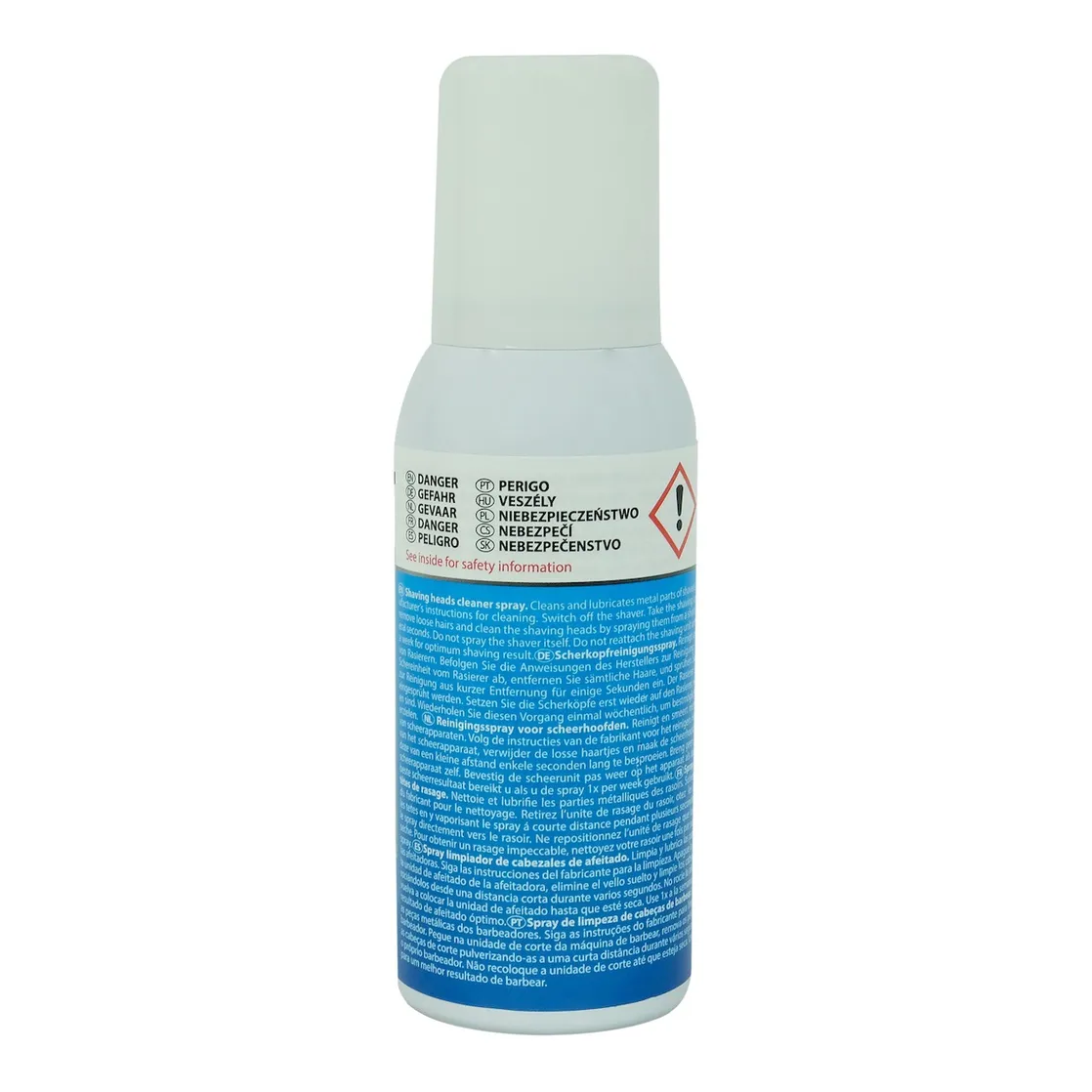 Un bote de spray blanco. Tiene texto en varios idiomas, incluyendo inglés y alemán.