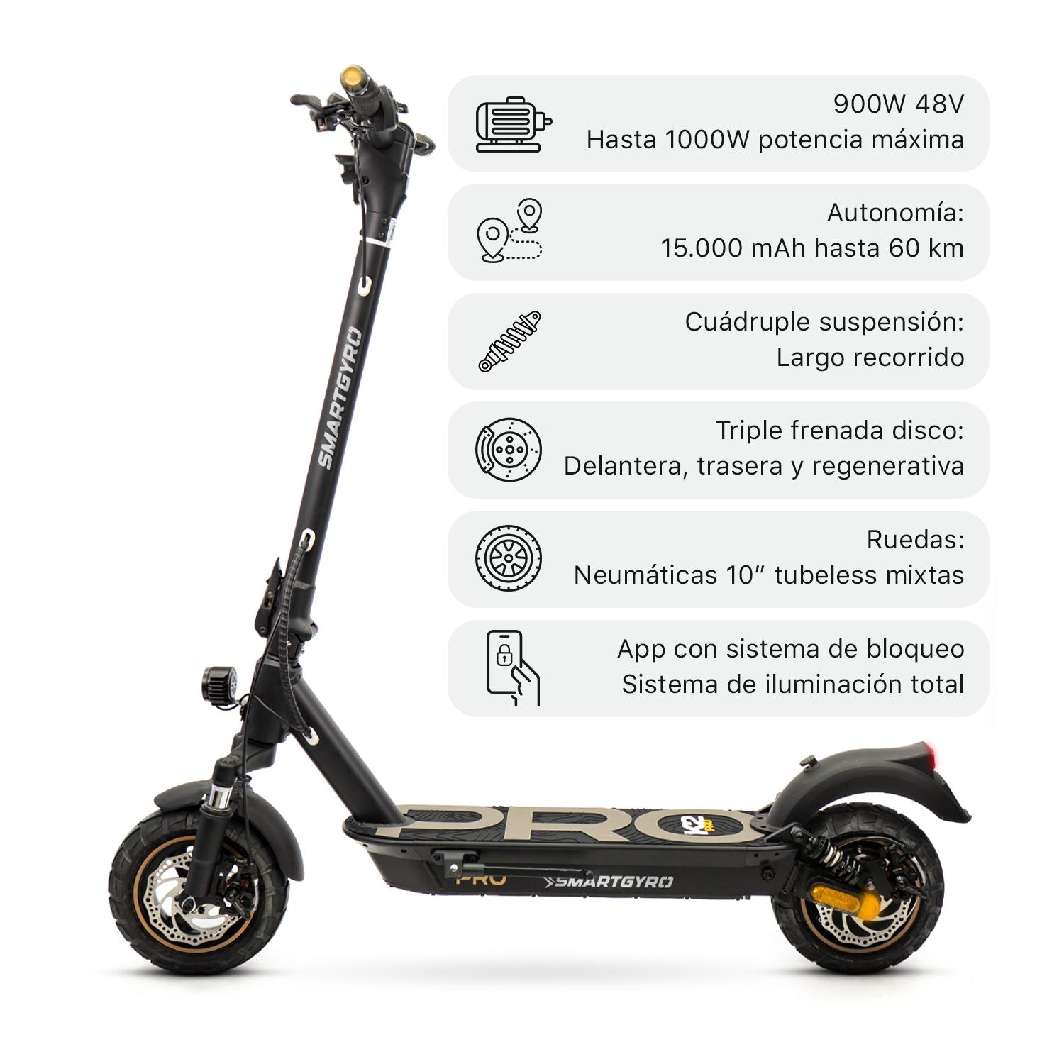 Patinete eléctrico negro con especificaciones detalladas. Incluye iconos y texto sobre potencia, alcance y frenado.