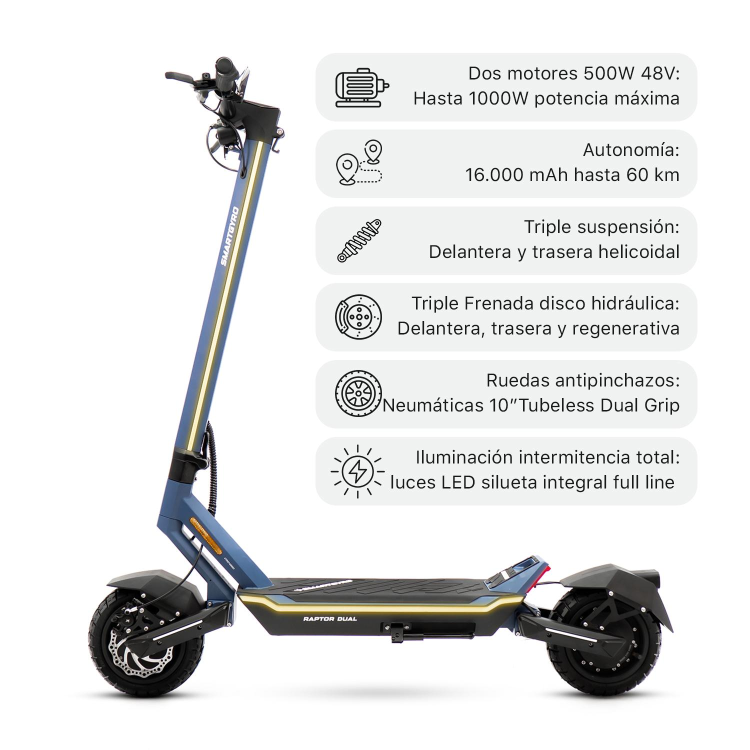 Scooter eléctrico azul y negro con detalles de texto, incluyendo potencia del motor y autonomía de la batería.
