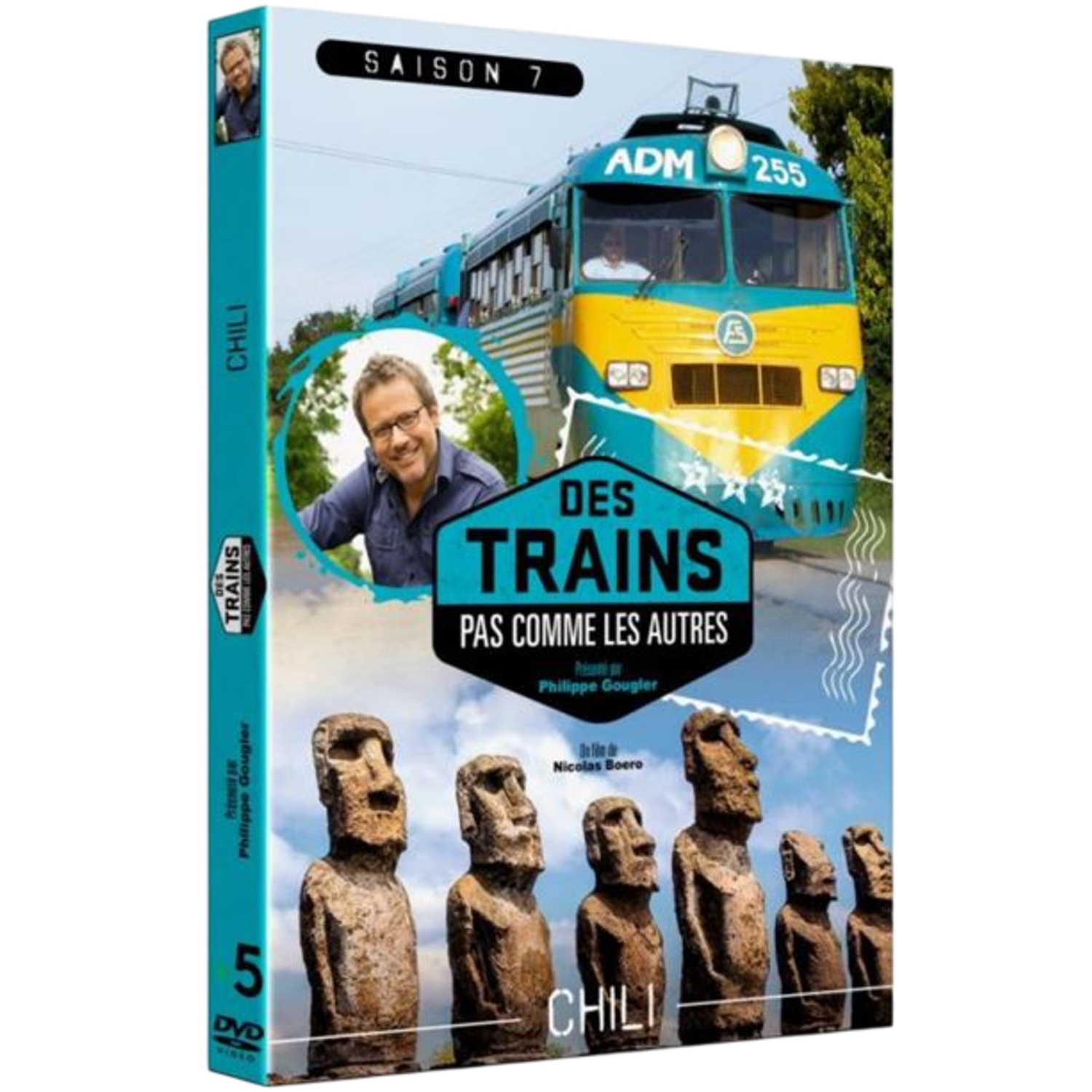 Pochette DVD : Train, homme dans le train, statues Moai. Titre : Des Trains Pas Comme Les Autres.