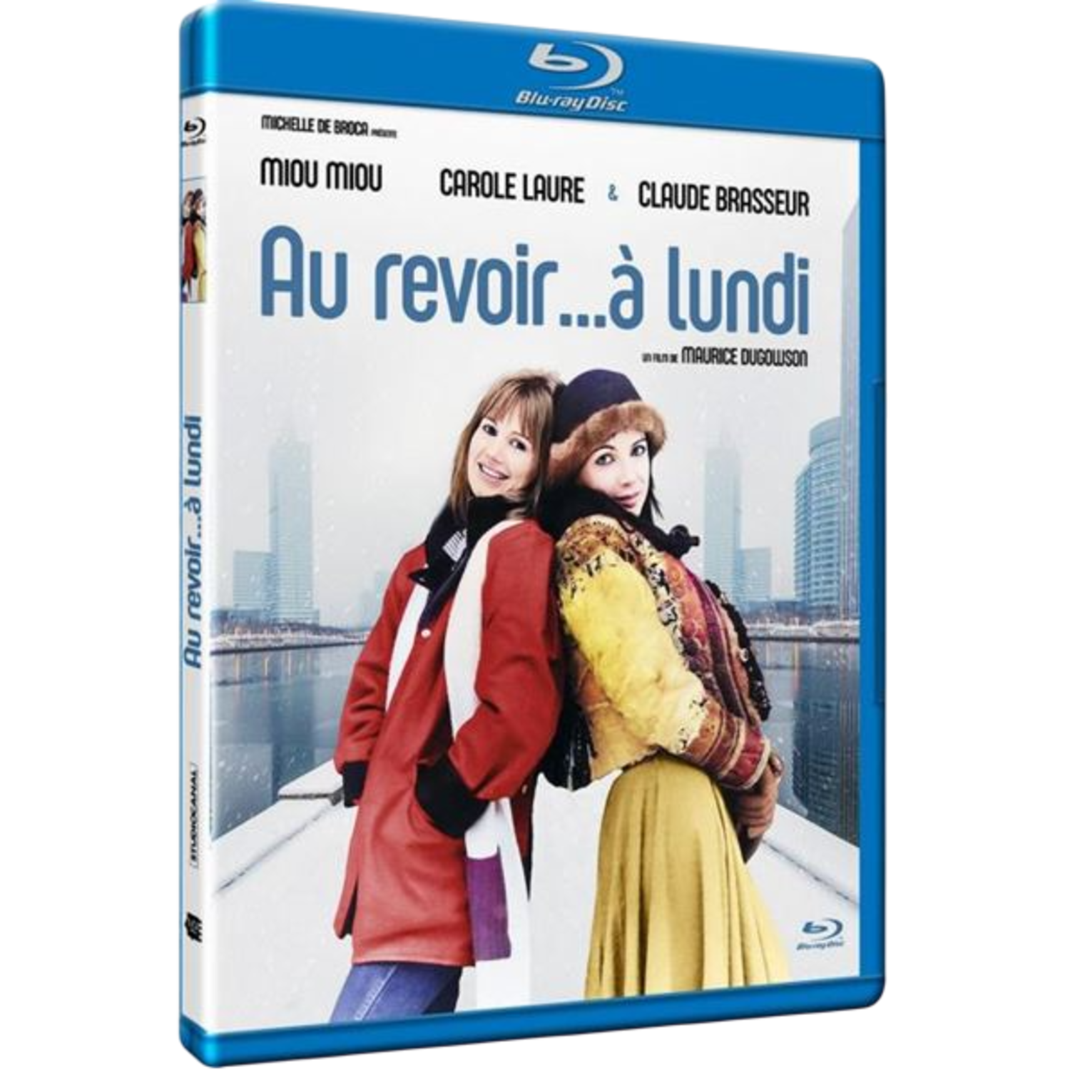 Jaquette Blu-ray avec deux femmes. Paysage urbain en arrière-plan. Jaquette blanche et bleue.
