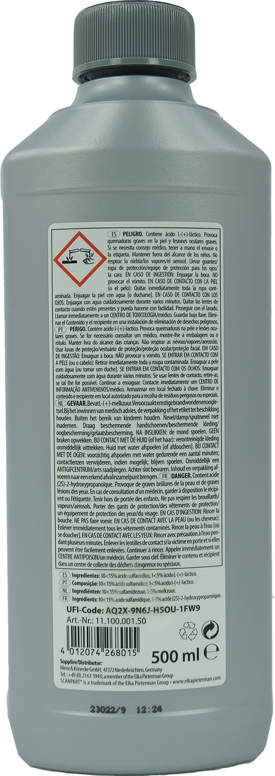 Botella con una etiqueta que contiene texto y advertencias.