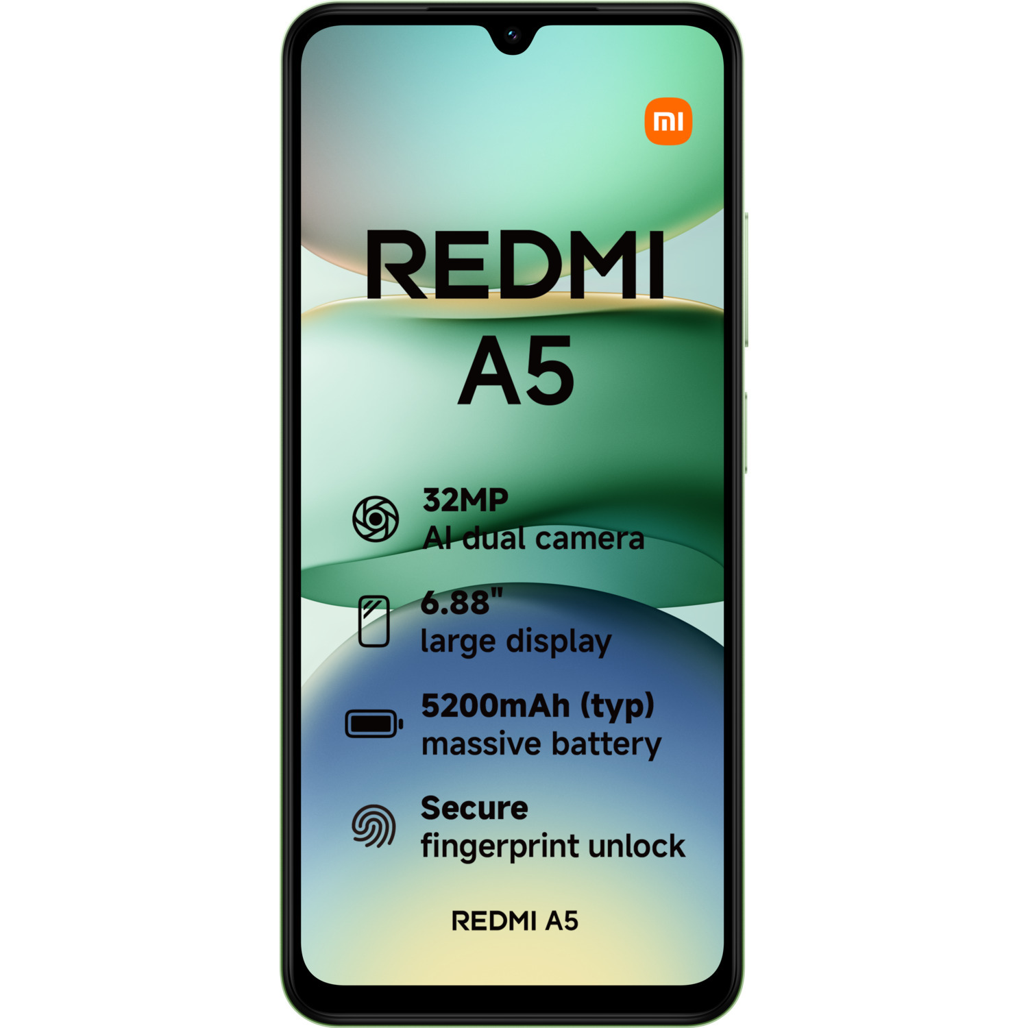 Redmi A5 phone front view with specs and a green border.