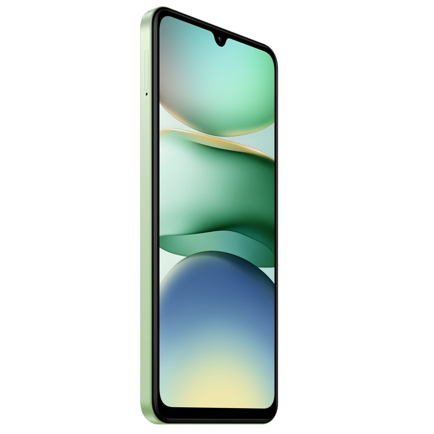 A light green smartphone with a screen displaying abstract shapes.