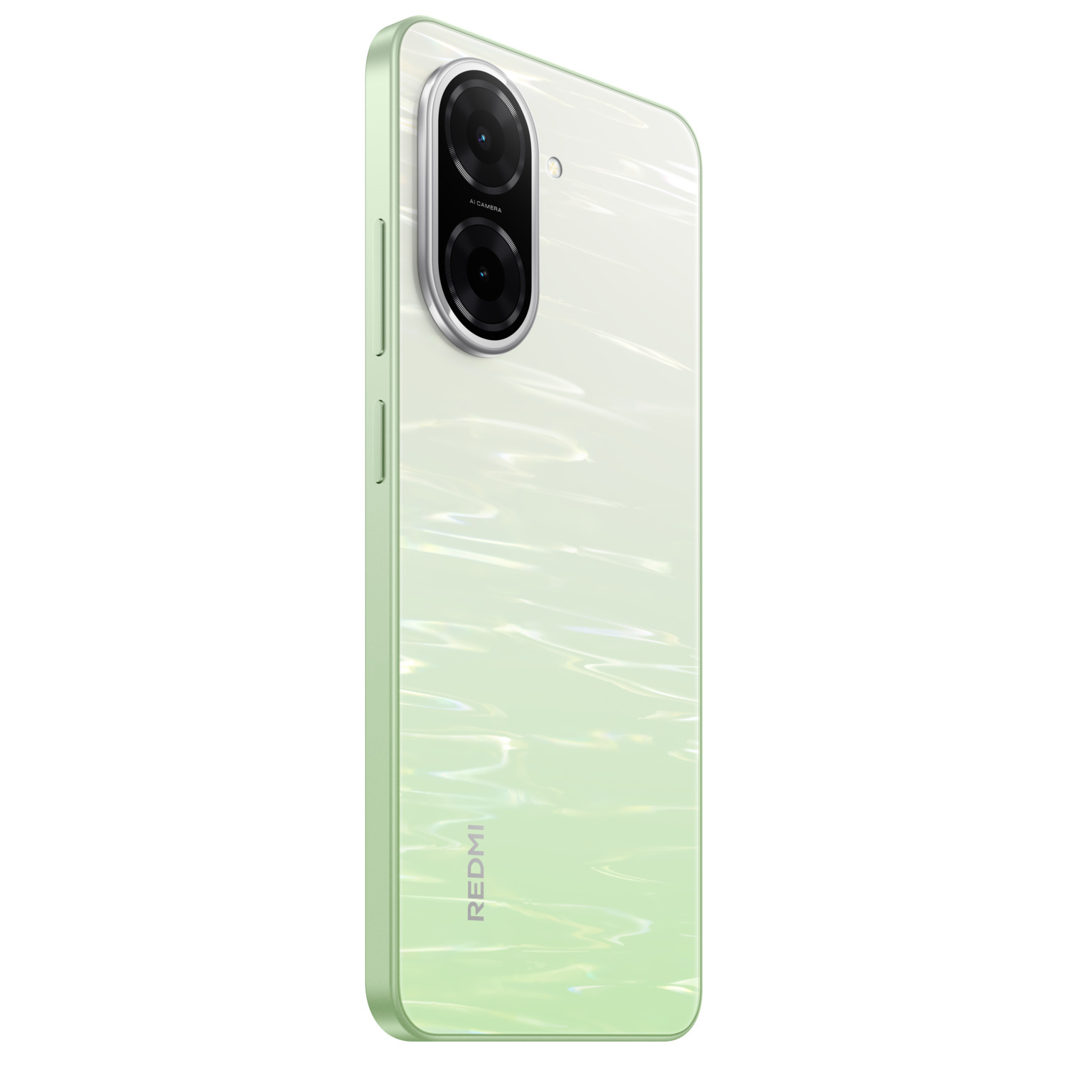 Green phone with a pearlescent back and dual camera lenses.