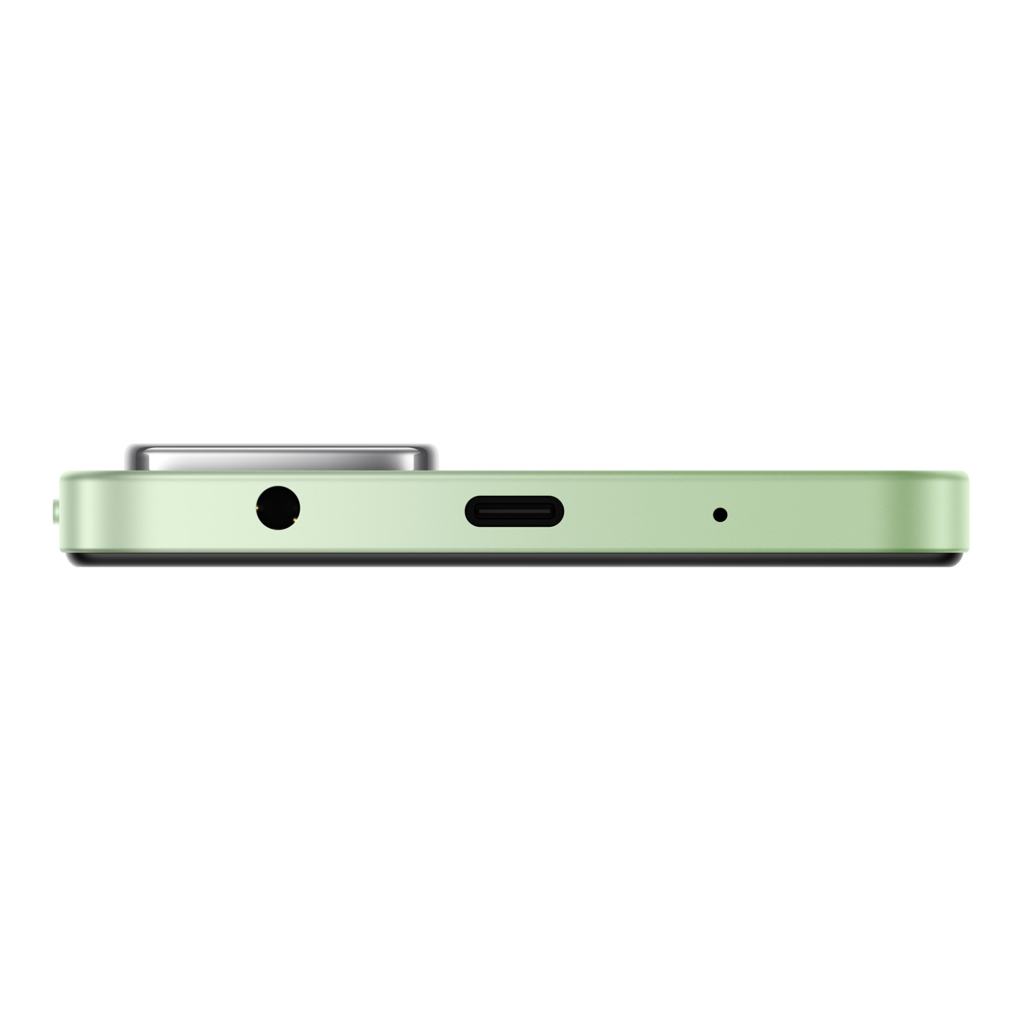 A green phone's side profile with a headphone jack, charging port, and microphone.