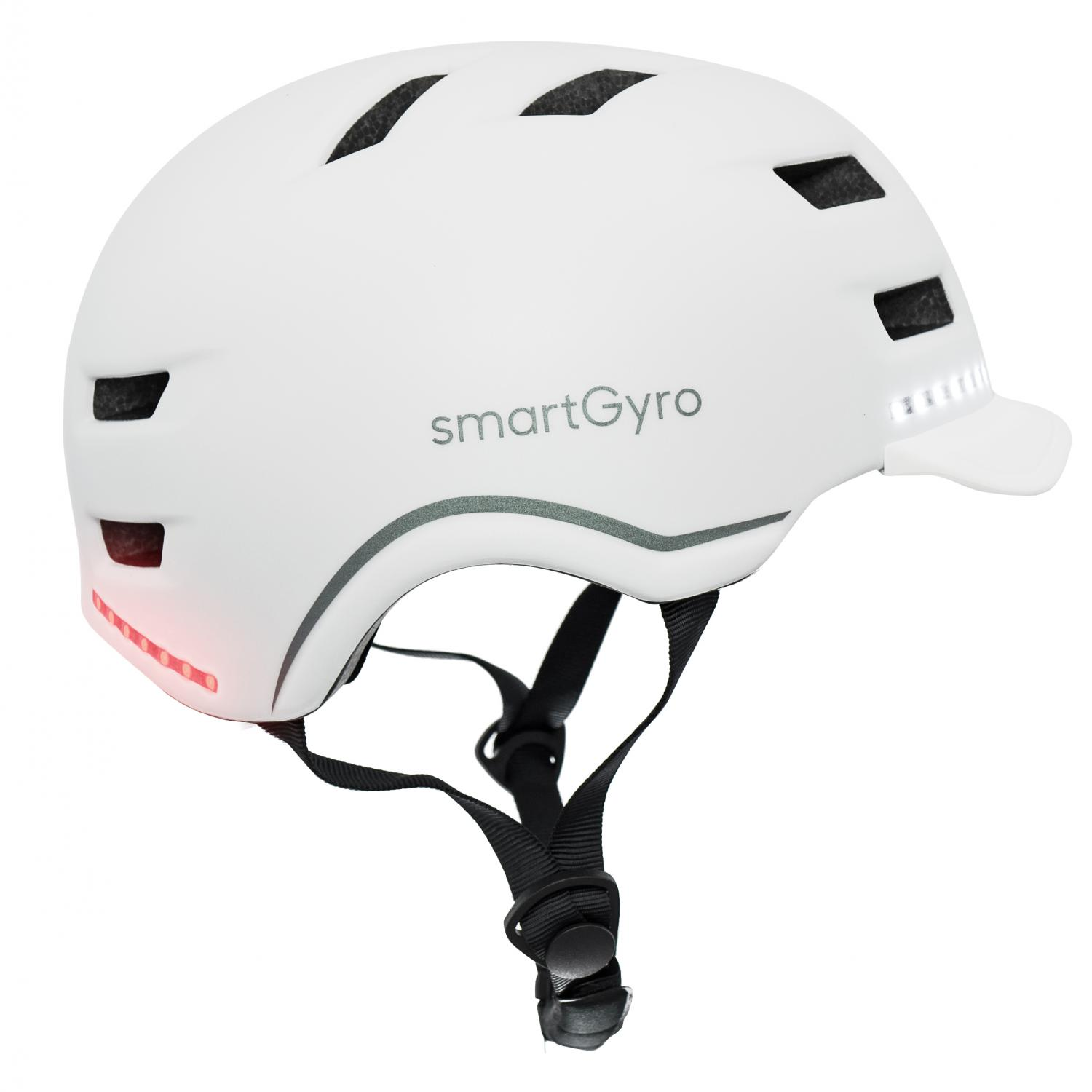 Casco de bicicleta blanco con logotipo smartGyro, luces traseras y delanteras y correas negras.