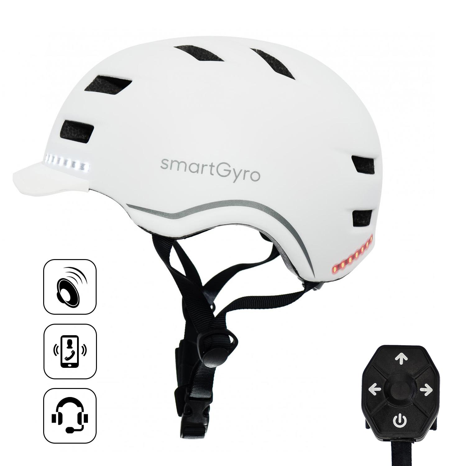 Casco blanco con luces y control remoto.