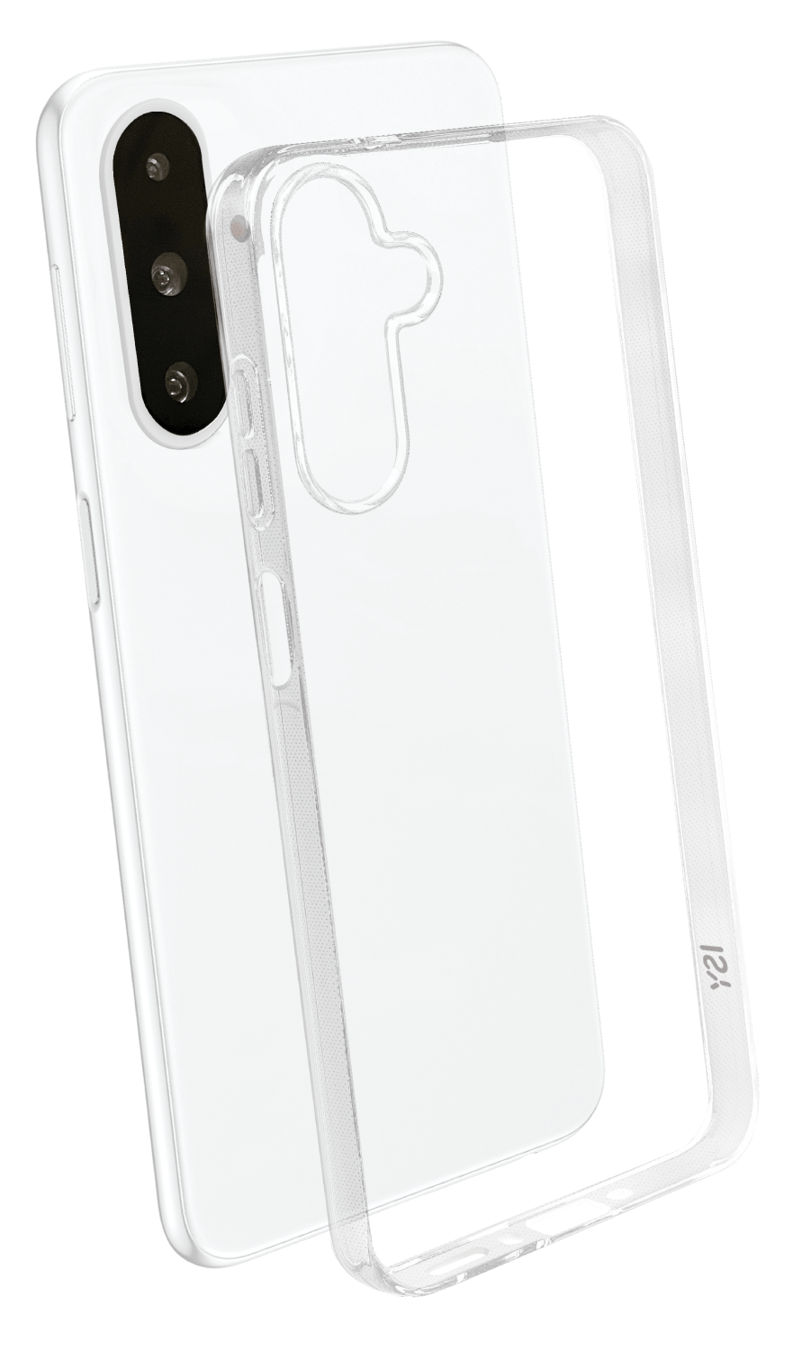 Funda transparente para teléfono sobre un teléfono blanco, en ángulo contra un fondo negro.