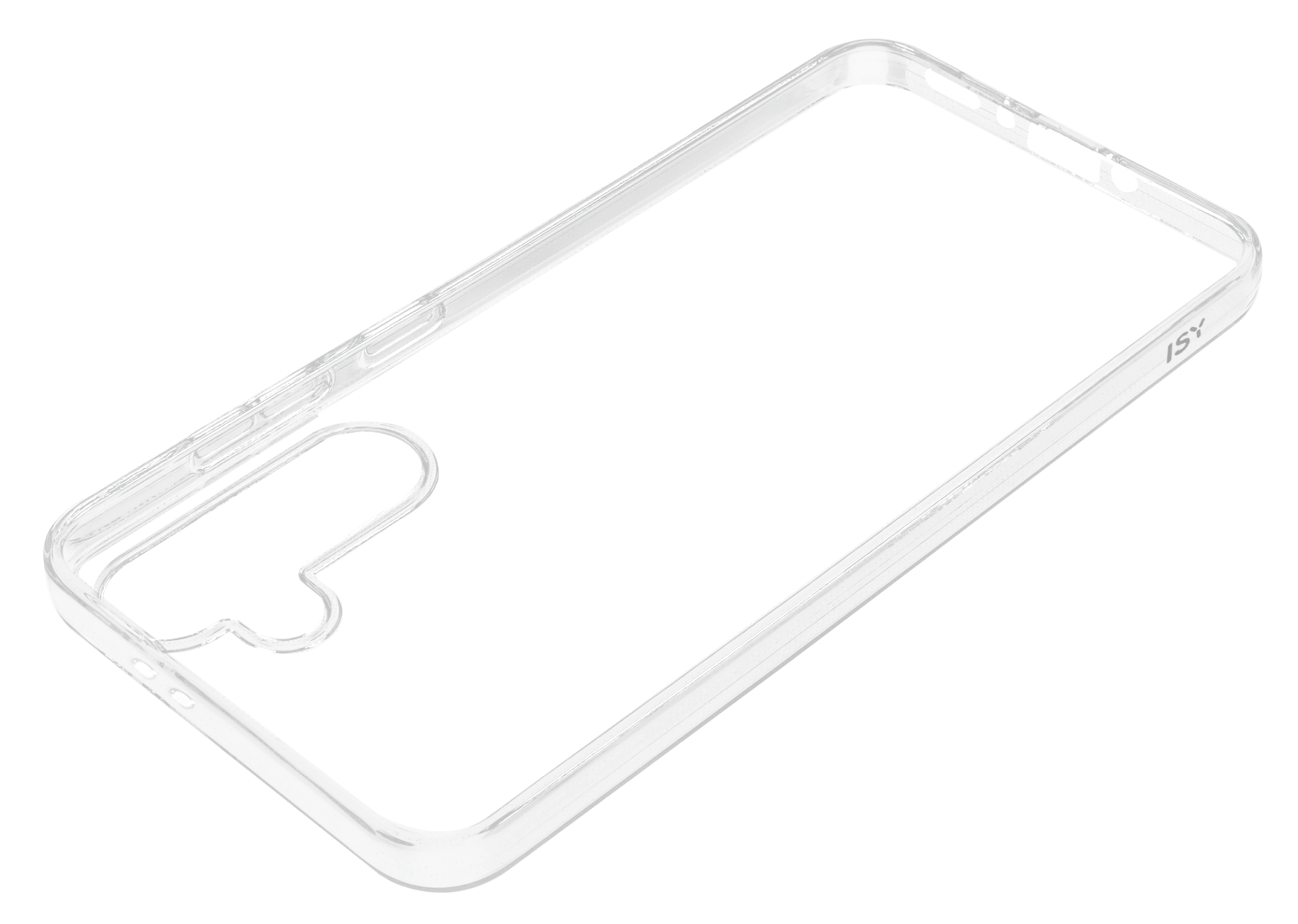 Funda transparente para teléfono con borde gris, sobre fondo negro.