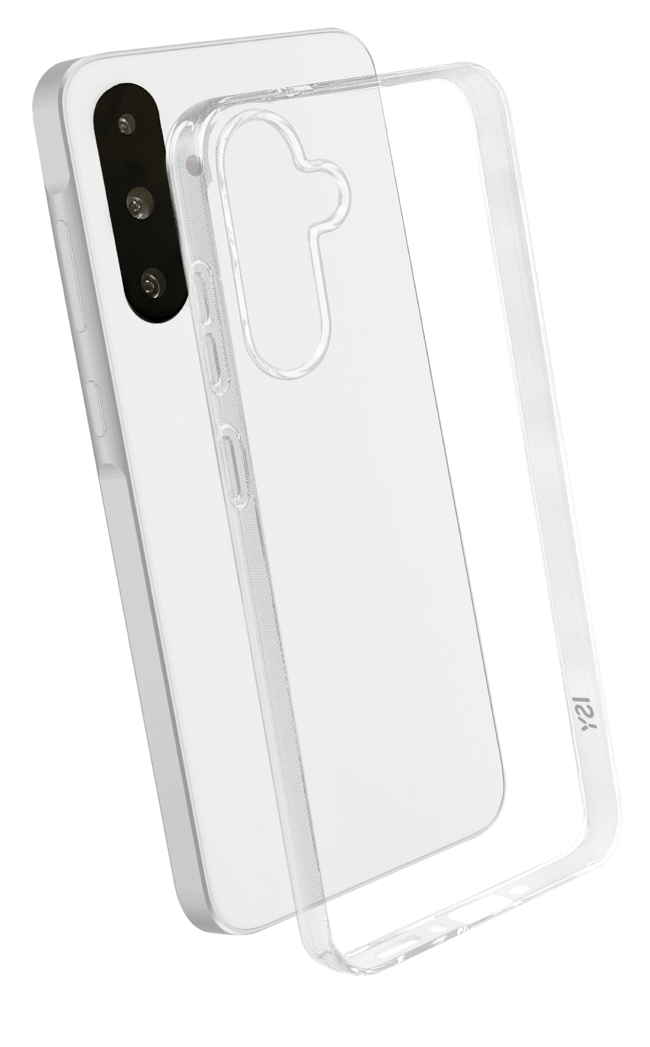 Un teléfono blanco con una funda transparente. La funda está parcialmente quitada.