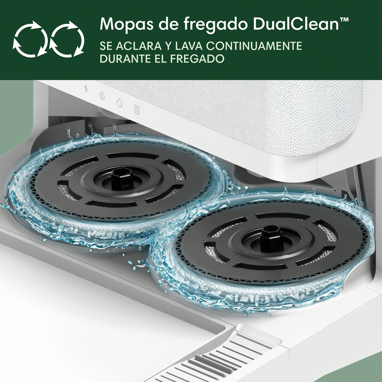 Fregona robótica limpiando el suelo con dos mops giratorios.
