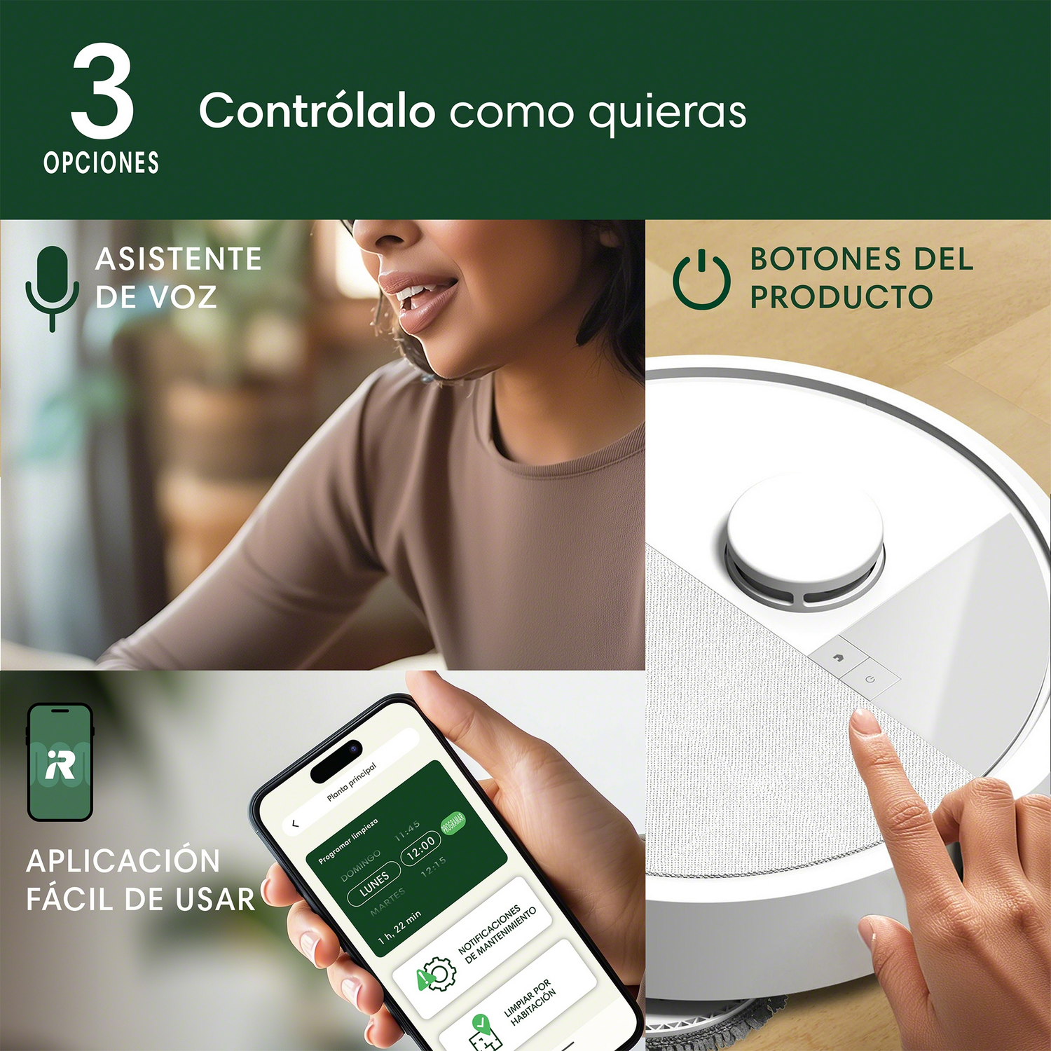 Tres interfaces muestran opciones para controlar un robot aspirador: control por voz, botones del producto y una app.