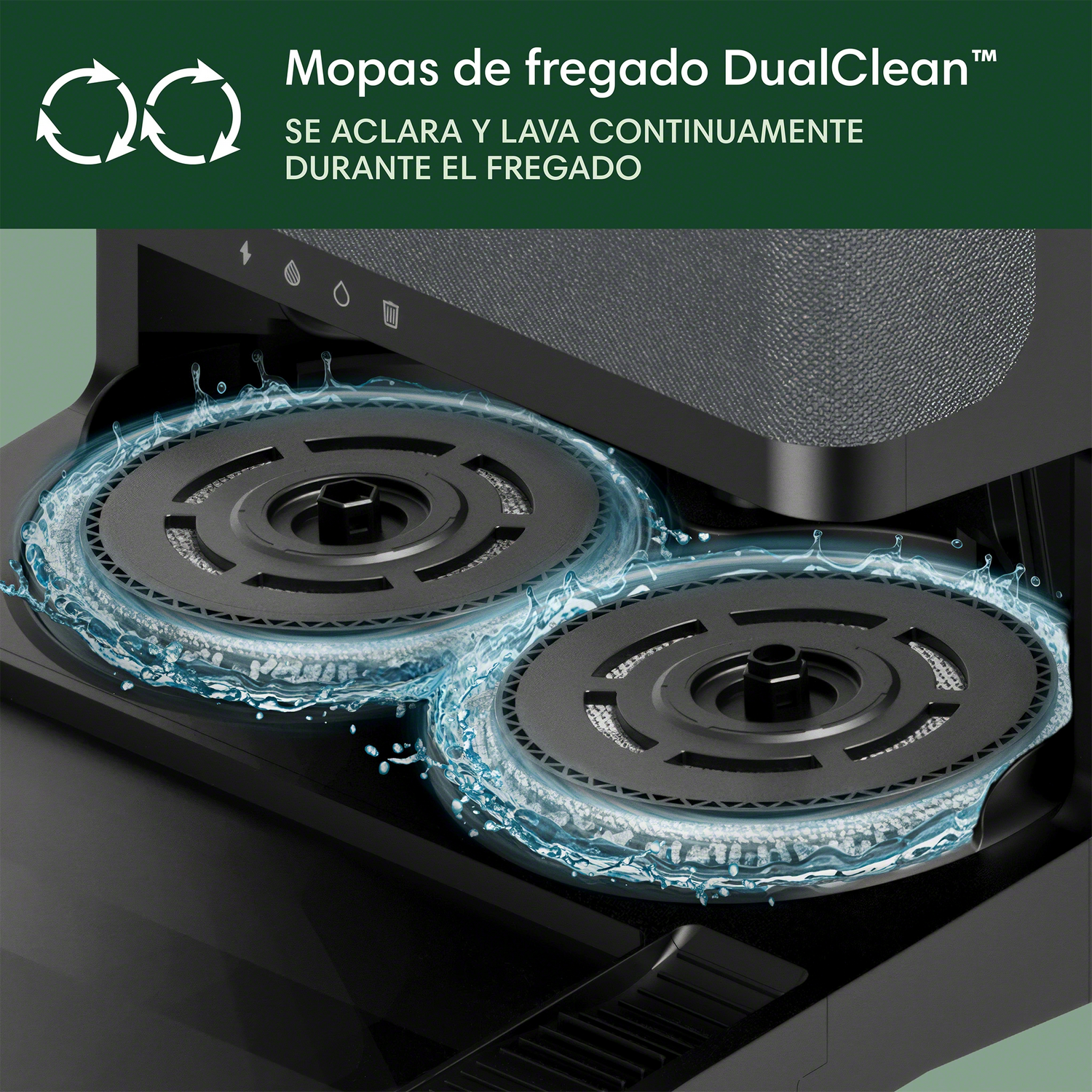 Primer plano de una aspiradora robótica con cepillos giratorios y rociador de agua, limpiando una superficie.