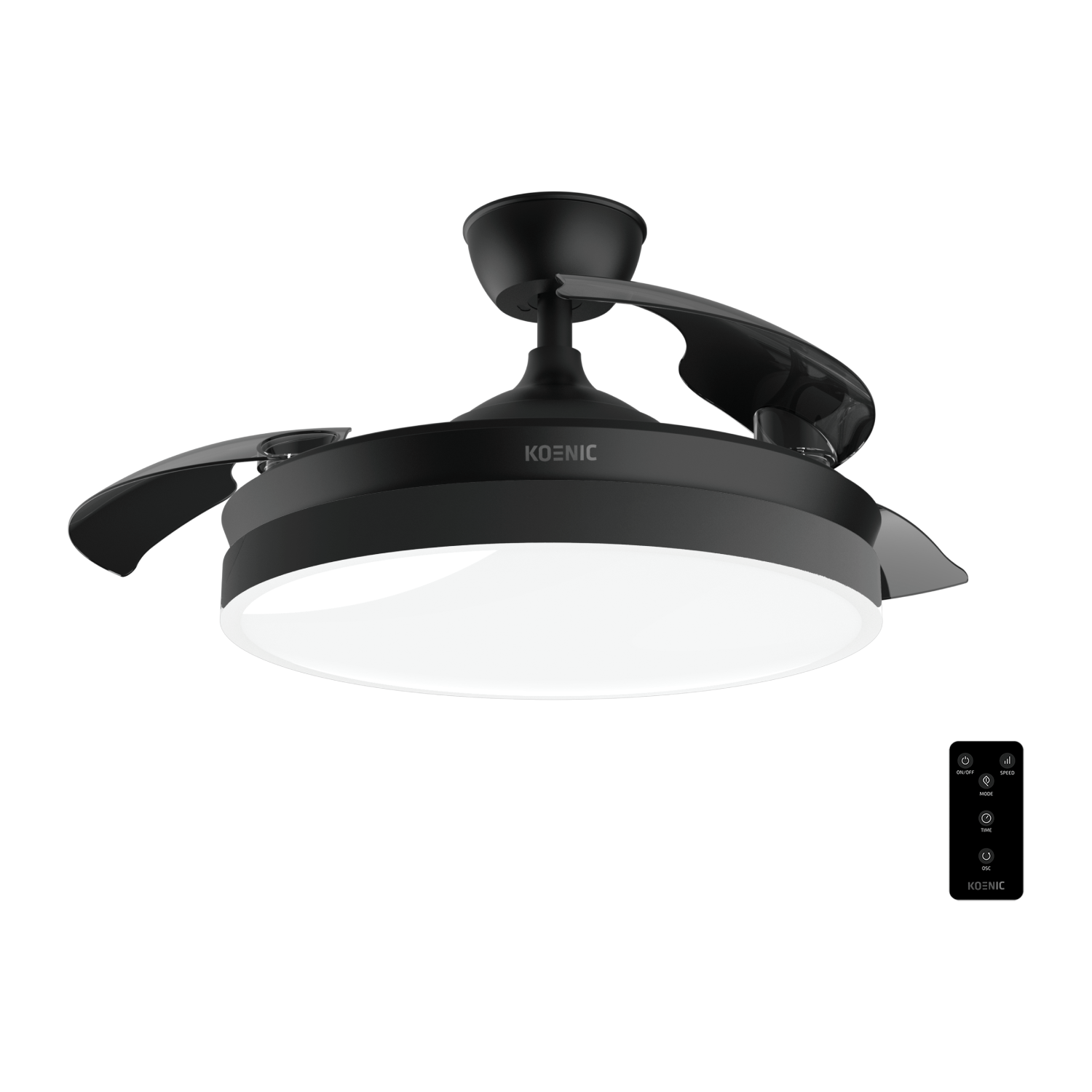 Un ventilador de techo negro con luz. Un mando a distancia está en primer plano.