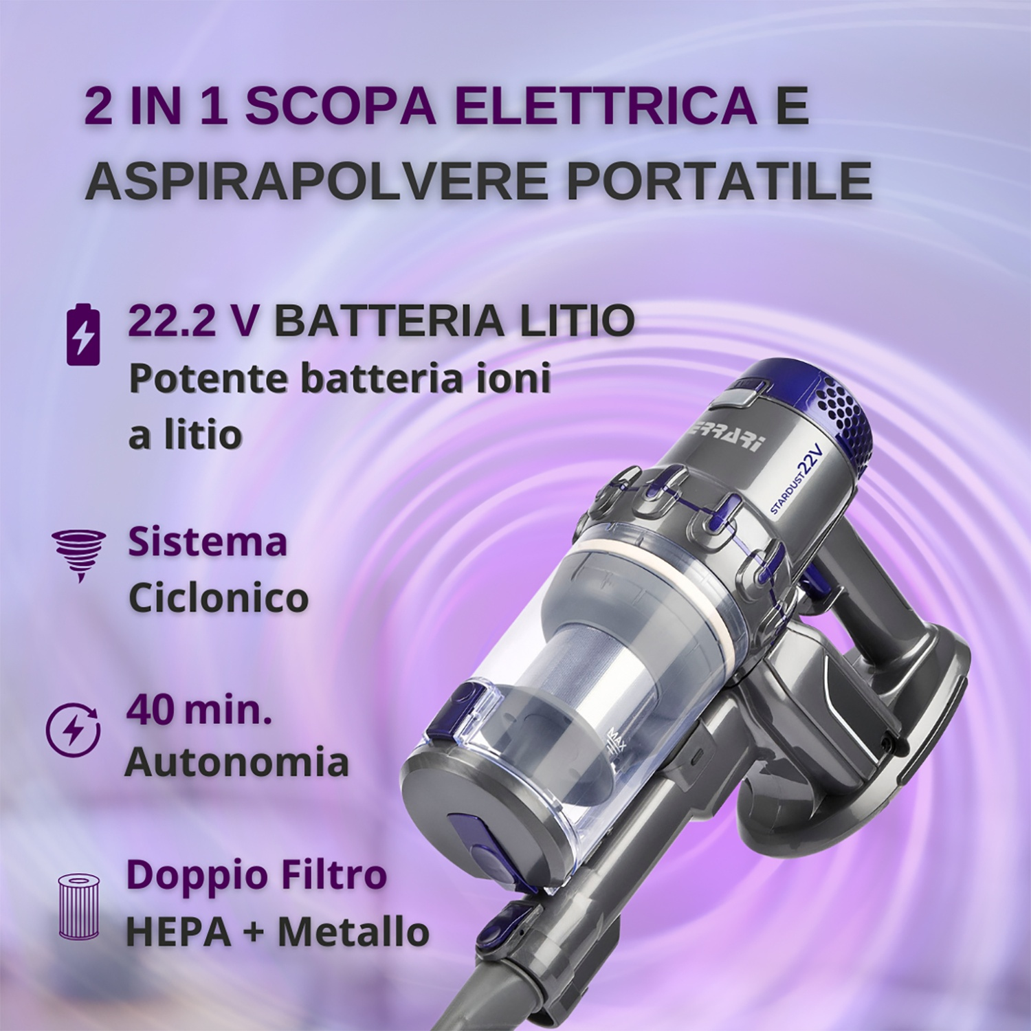 Aspirapolvere senza fili con testo sovrapposto sulla batteria, sistema ciclonico e filtro.