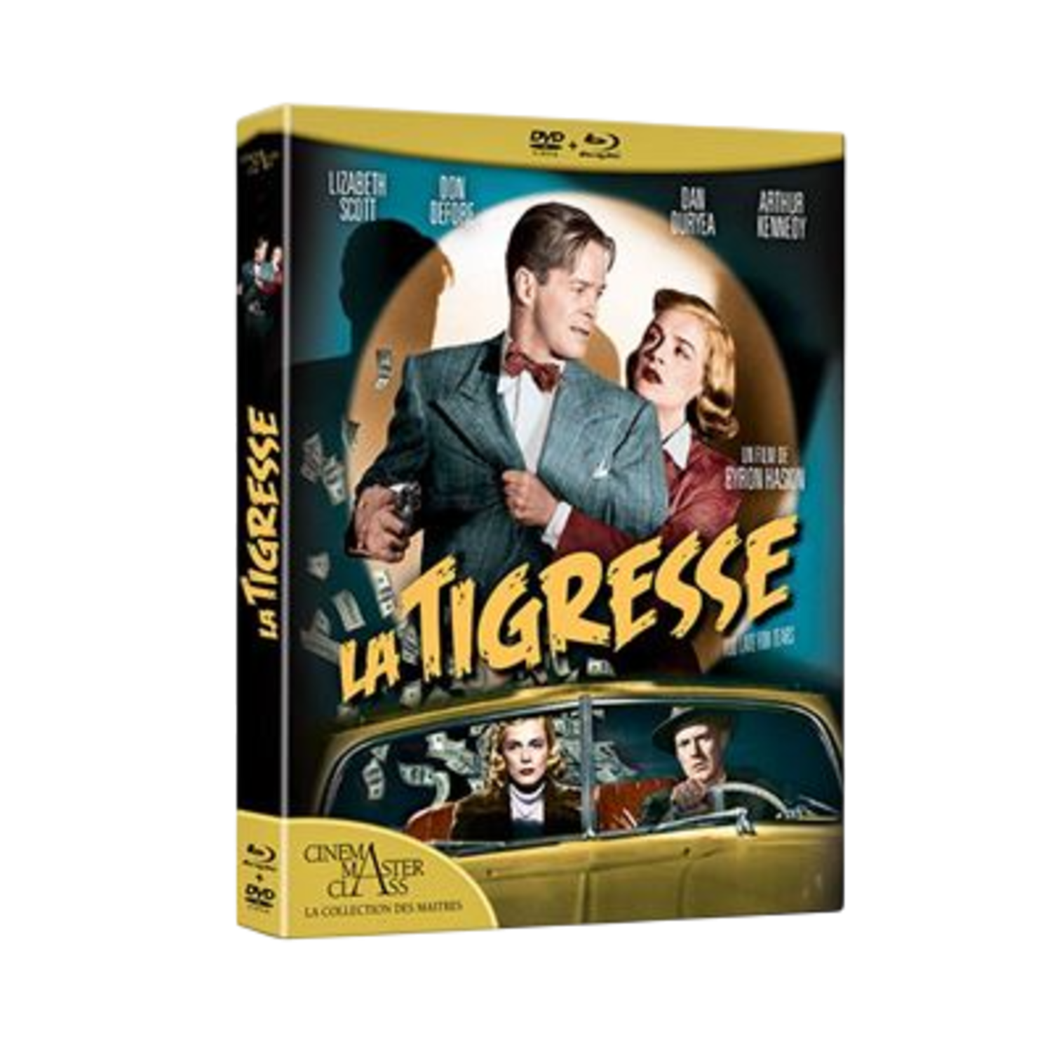 Filmposter, La Tigresse. Vrouw in auto, koppel in beeld. Franse tekst.