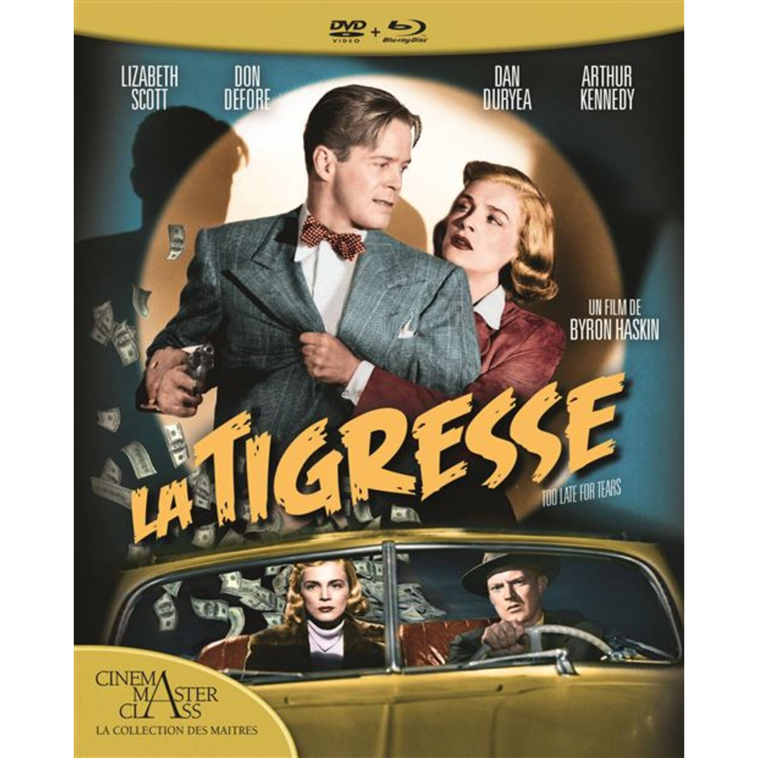 Filmposter met acteurs, titel 'La Tigresse' en vallend geld.