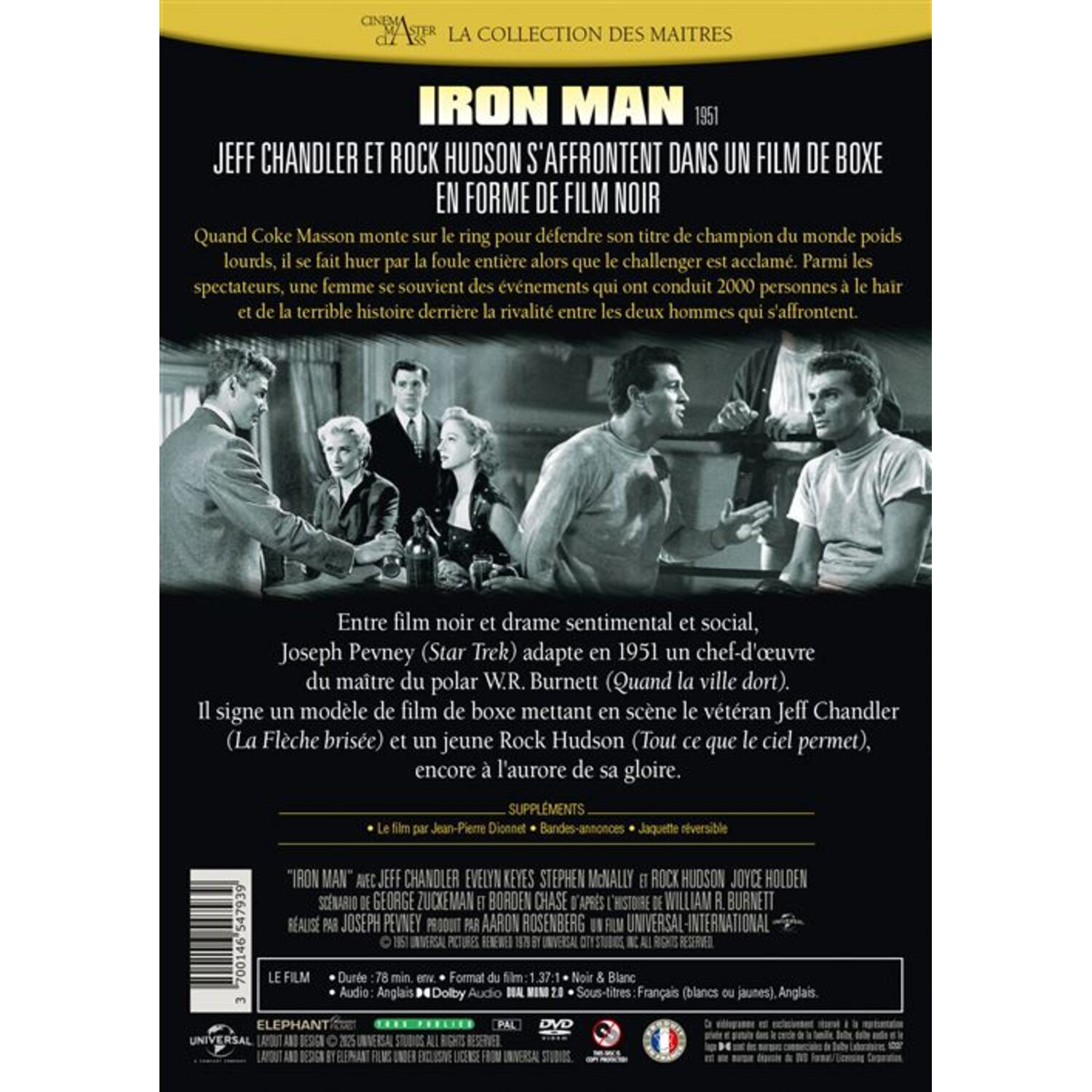 Filmposter met tekst en afbeeldingen van acteurs. De titel is 'Iron Man' in een kader.
