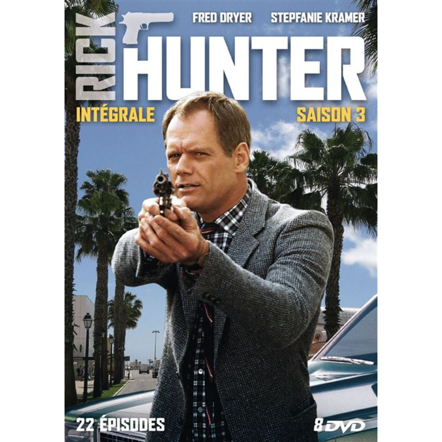 DVD-hoes met man die pistool richt. Titel Rick Hunter. Palmbomen op de achtergrond.