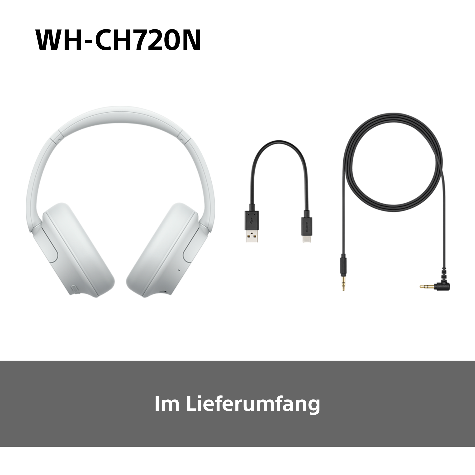 Weiße Kopfhörer und Ladekabel. Schwarzer Hintergrund.